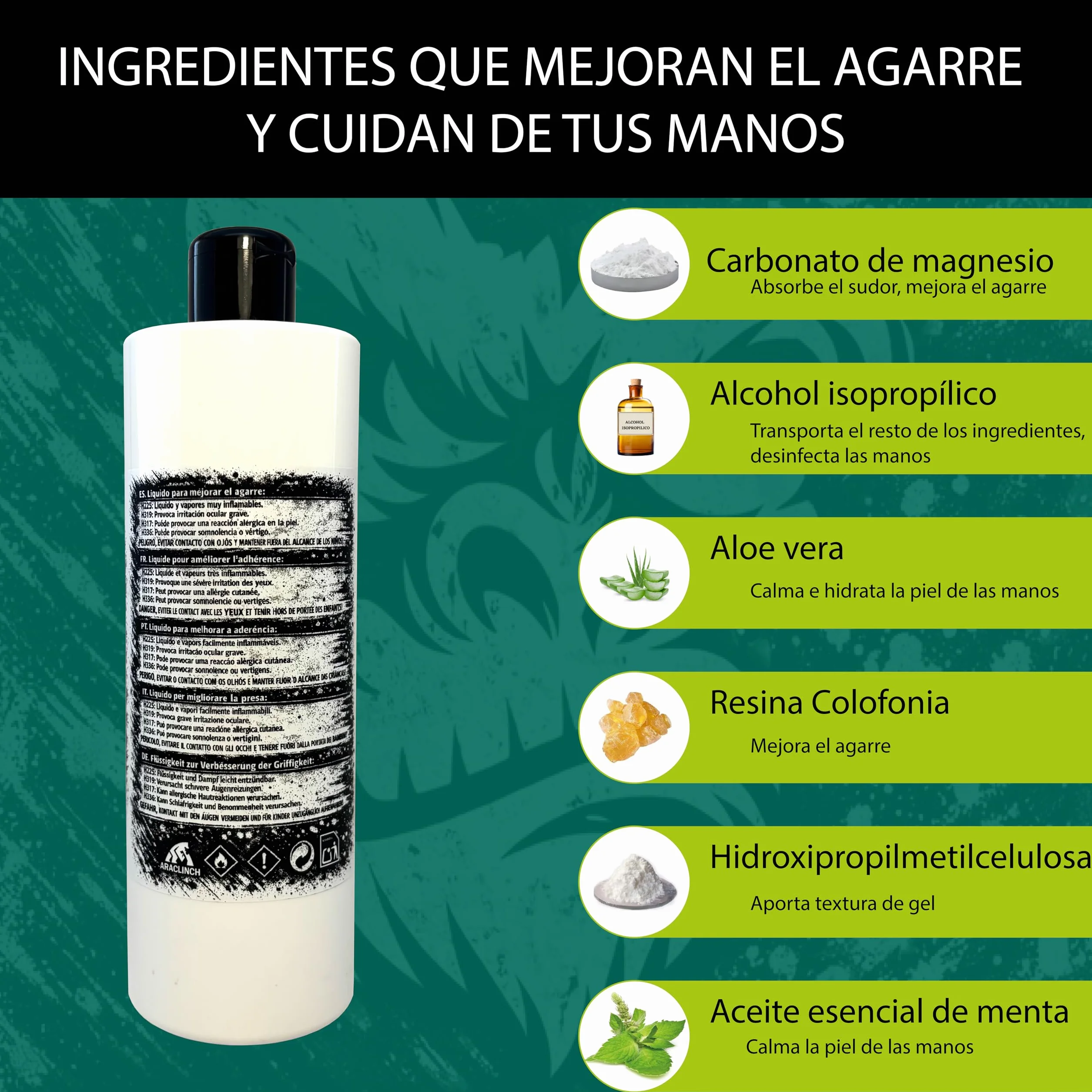 Magnesio Líquido 400mL para Escalada, Crossfit, Gimnasio, Agarre y Cuidado de Manos con Aloe Vera y Menta