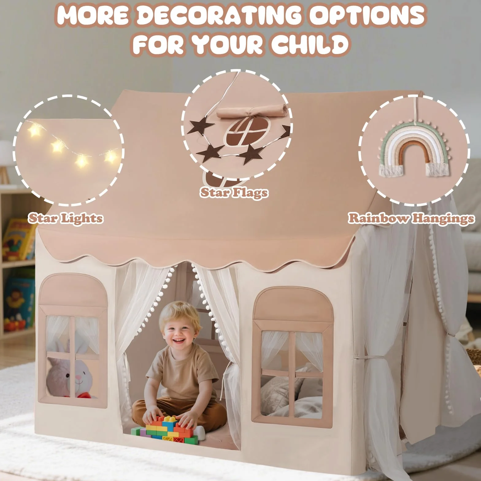 snookids Tienda para niños - Casa de Juego Interior con Alfombra, Luces, Colgantes de arcoíris y Bandera Estrellas, Tienda Juego para la decoración de la habitación niños y niñas