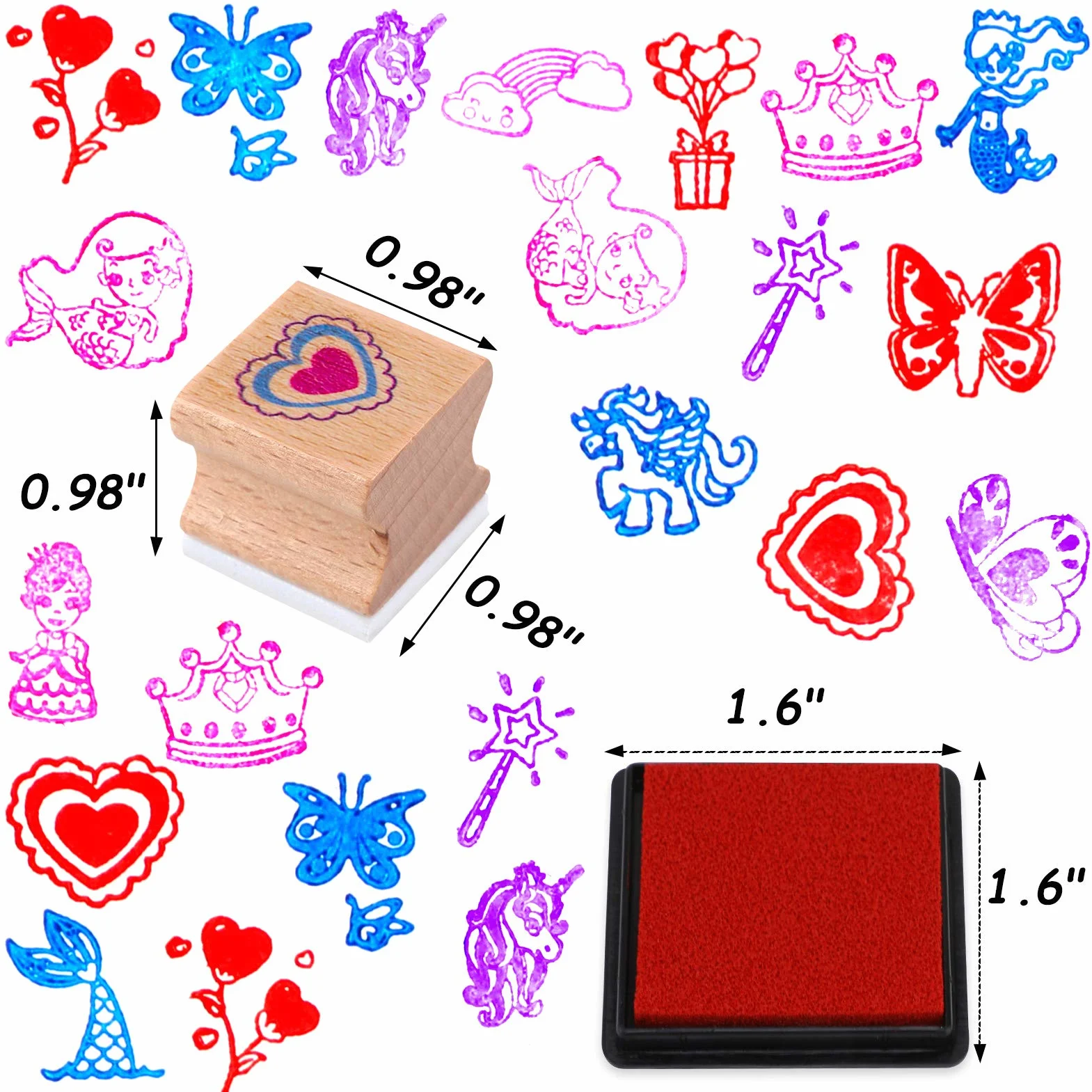 HOWAF 16 Madera Sellos para Niñas Niños Manualidades con Almohadilla de Tinta 4, Unicornio Sirena Princesa Corazón Arcoíris Mariposa Sellos para Niña Bricolaje Scrapbooking Tarjeta Impermeables Regalo