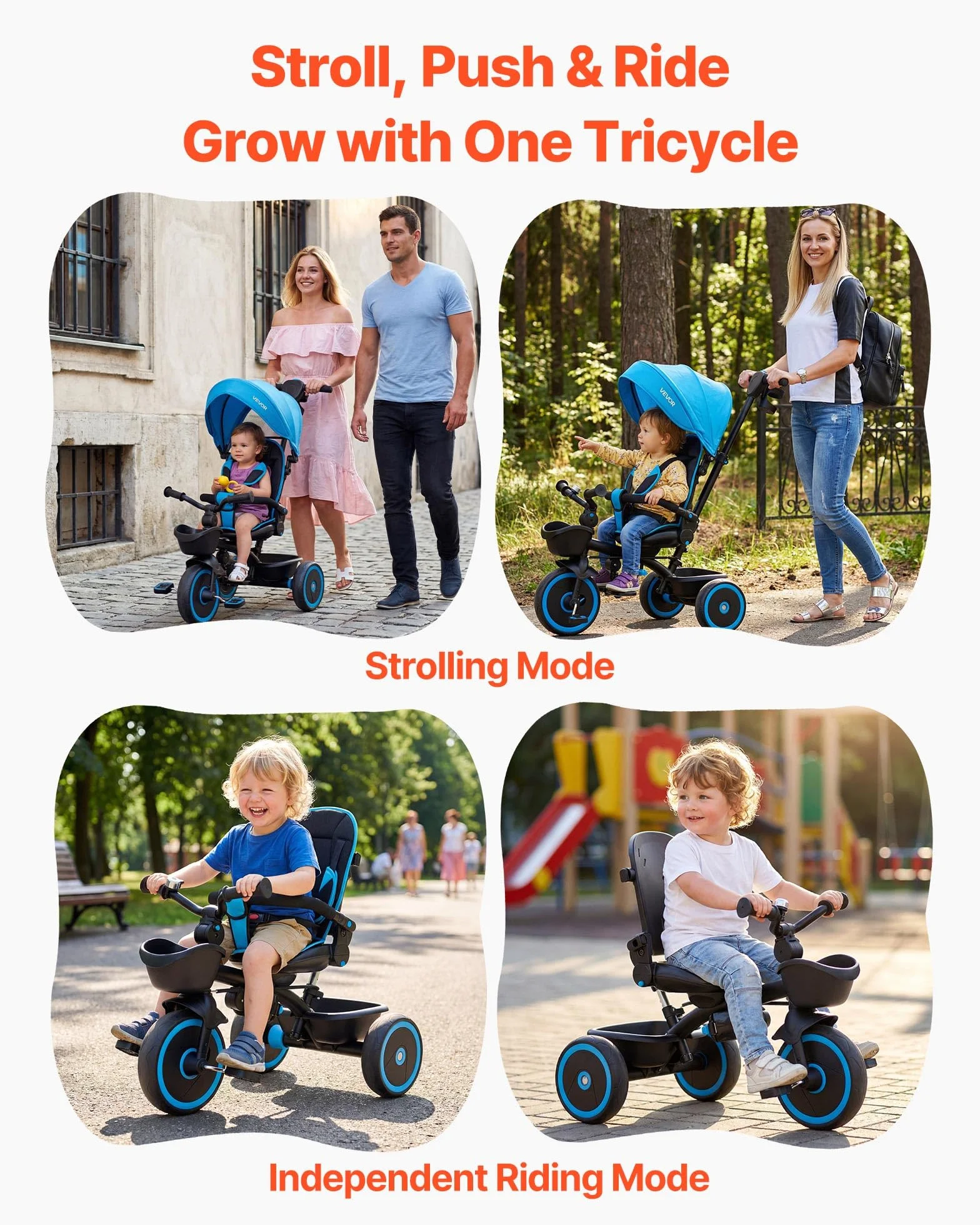 VEVOR Triciclos para Niños de 1 a 5 Años, Triciclo Infantil con Manillar de Empuje para Padres, Capota, Asiento Ajustable, Espacio de Almacenamiento, Cuadro de Acero al Carbono, Azul y Negro