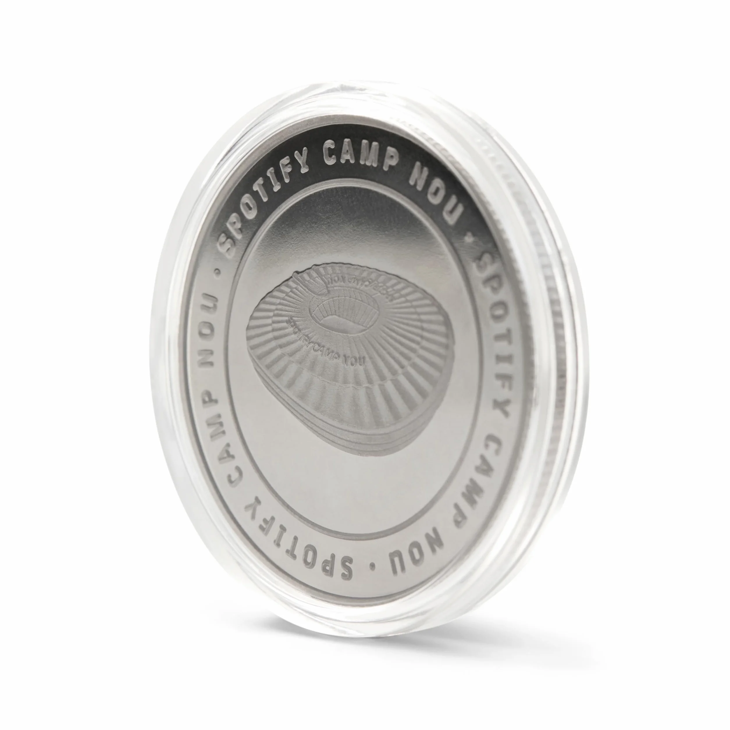 FC Barcelona - Moneda edición Especial con Escudo y Grabado del Estadio Spotify Camp NOU - Coleccionable - Plateada - Producto Oficial