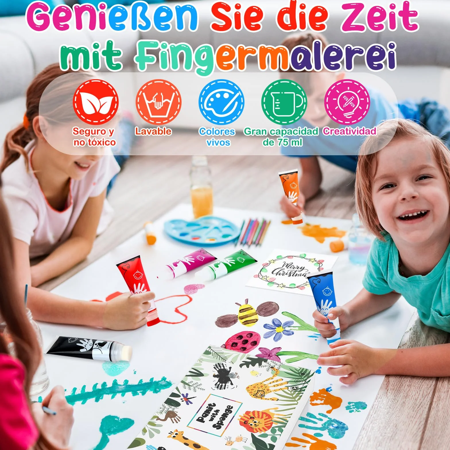 Pintura de Dedos para Niños Con Cabeza de Esponja 8 Colores No Tóxico y Lavable 75 ml/Tubo, Pintura Dedos Adecuado Para Regalos de Educación Infantil, Pintura Hecha a Mano,Regalo Navidad