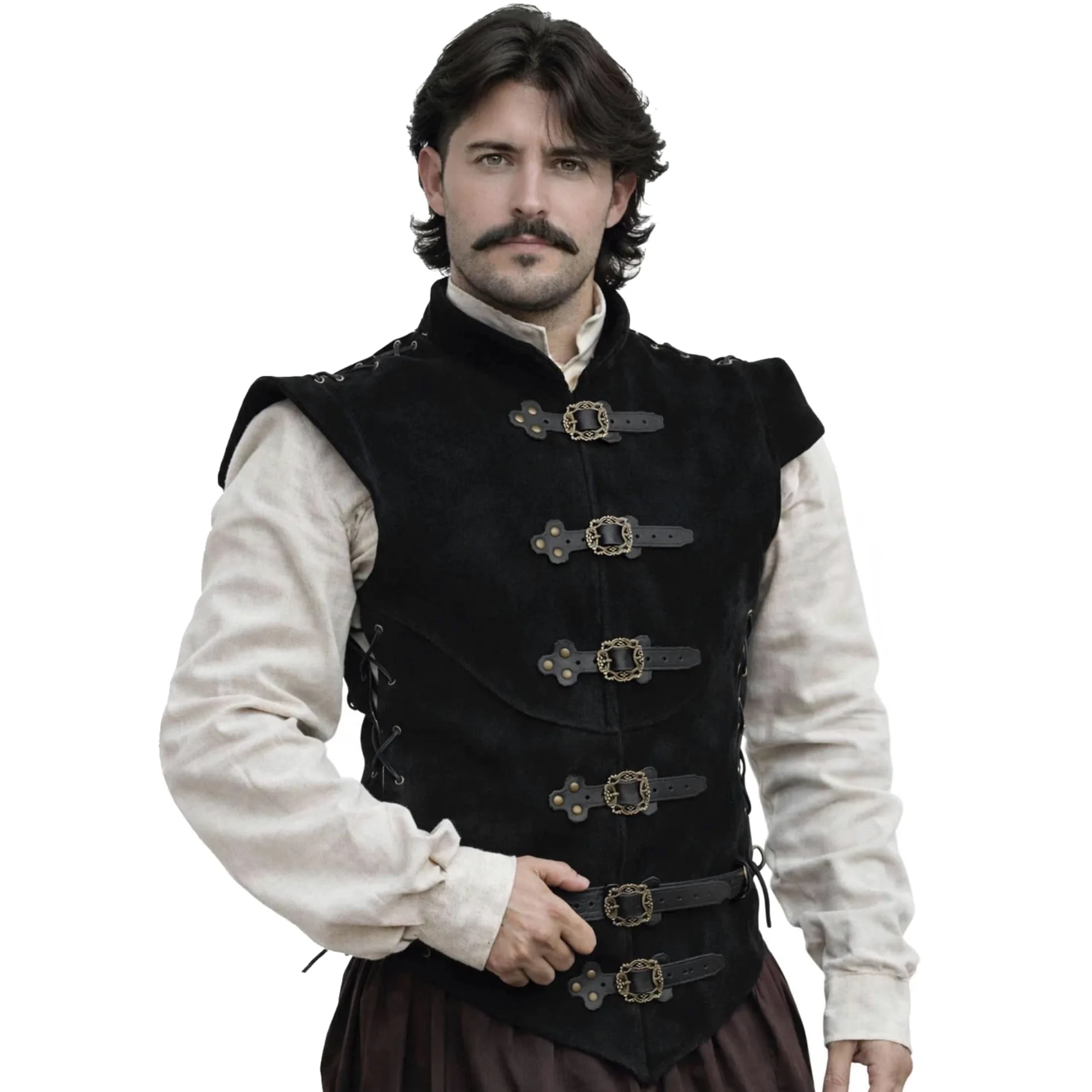 Diego Jerkin medieval de cuero dividido para hombre, túnica de cuero y chaleco de armadura, disfraz de pirata renacentista, chaleco sin mangas para feria y cosplay