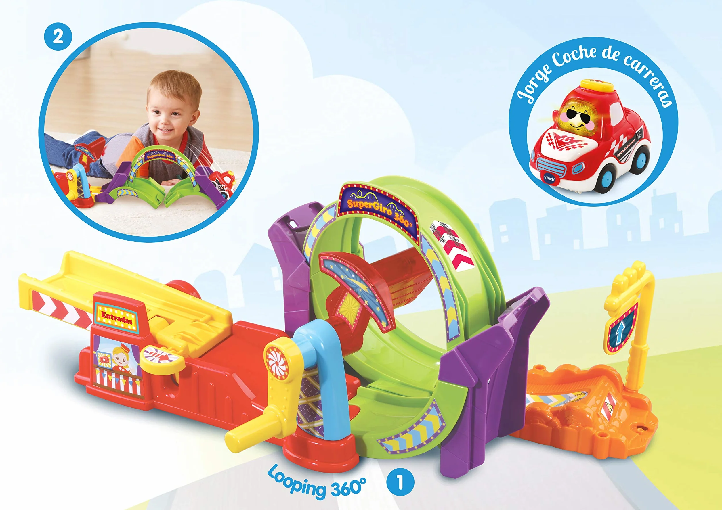 VTech - Supergiro 360º TutTut Bólidos, Pistas y Coches de Juguete para niños +1 año, Circuito con looping para Combinar, Incluye Jorge Coche Carreras, Versión ESP