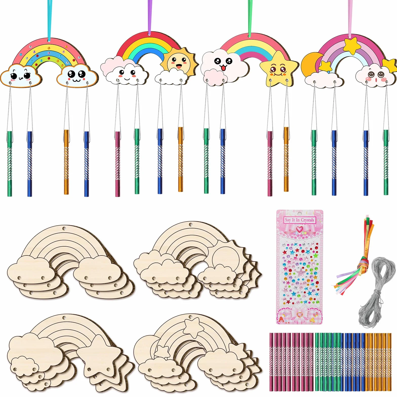 Nourdom Kit de 12 campanillas de viento para niños, haz tu propia campanilla de viento Rainow para colorear estrella, luna, sol, hacer un timbre de viento, kits de madera para artes y manualidades