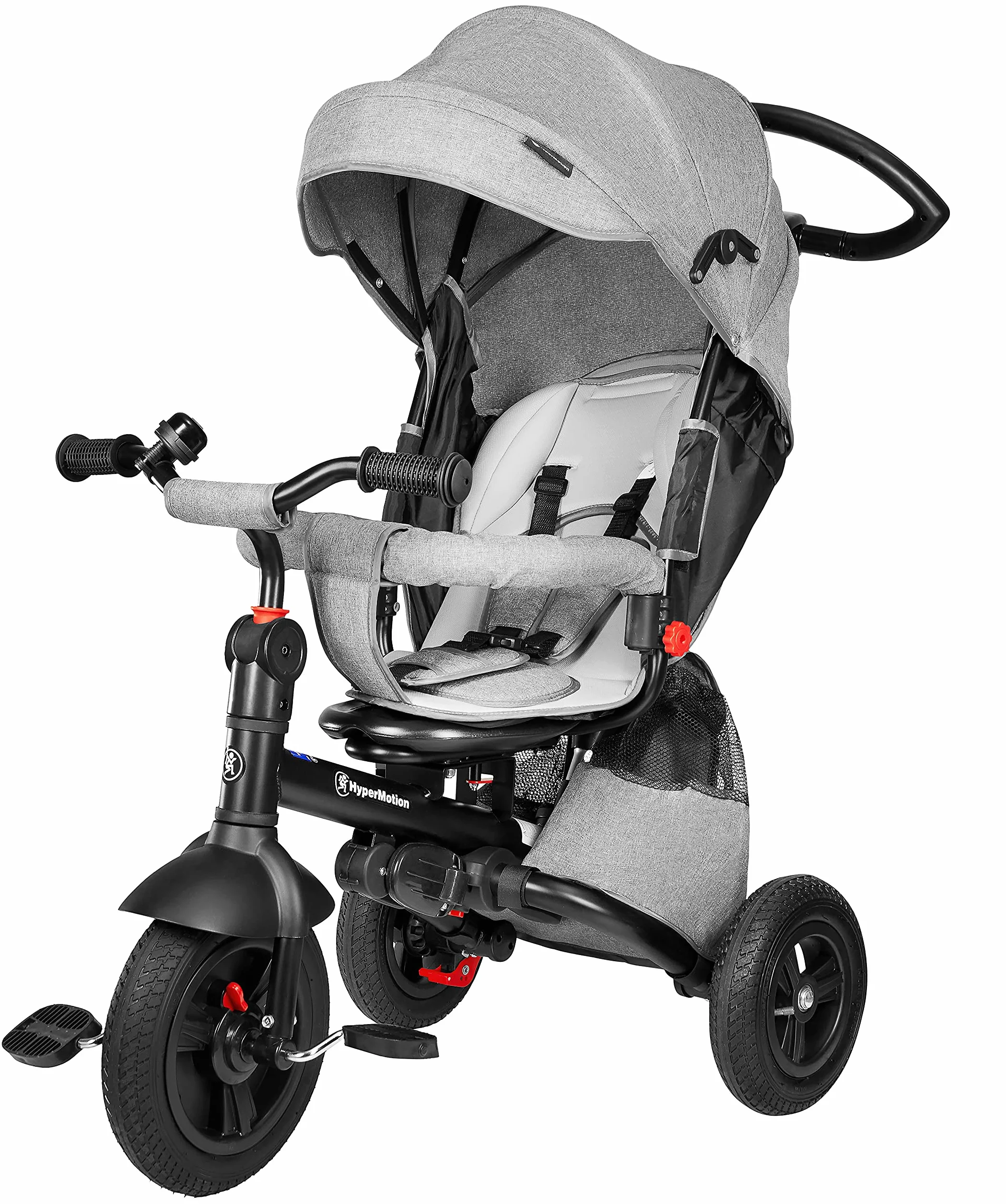 HyperMotion Triciclo Infantil 3 en 1 - Coche para Bebé con Asiento Giratorio y Cubierta de Lluvia - Triciclo Evolutivo 12 Meses a 5 Años, Plegable, Ruedas Bombeadas, 25kg, Gris