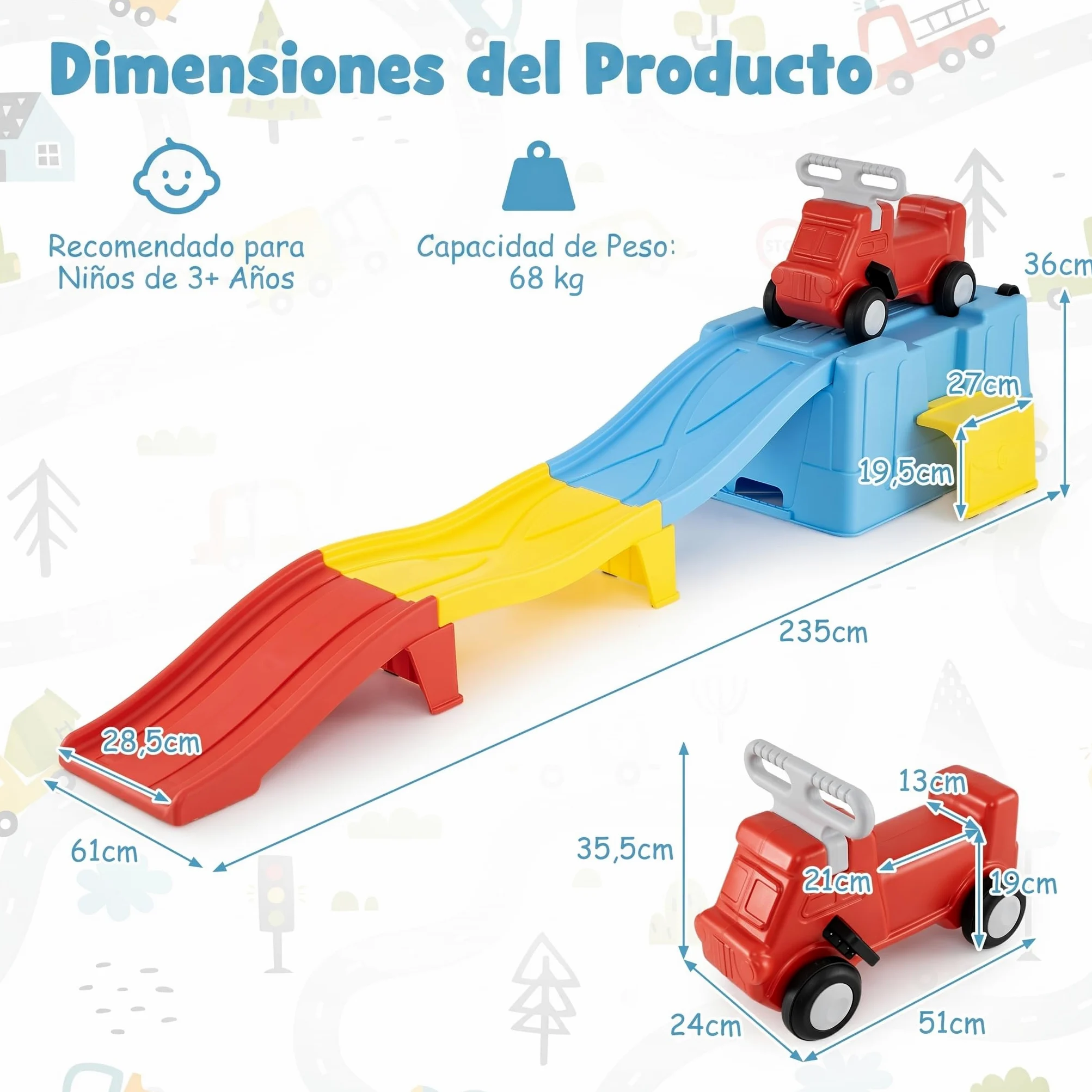 COSTWAY Coche Correpasillos Bebe con Pista en Rampa (Azul) | con Caja de Almacenamiento, Auto a Pedales y Peldaño Ancho, Juguete de Paseo Interior y Exterior para Niños de 3+ Años