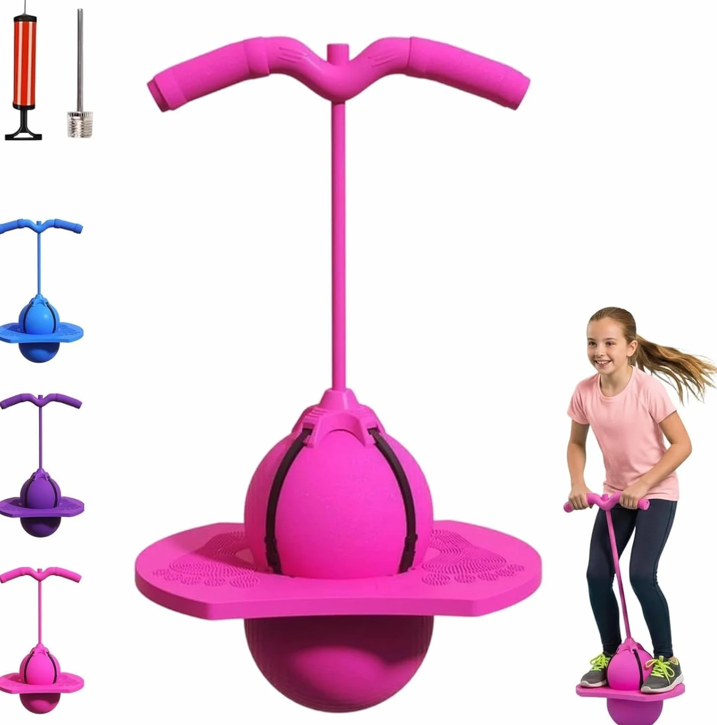Balón Saltarín Equilibrio Niños, Pogo Ball con Asa, Base Antideslizante, Juguete Interior & Exterior, Deporte y Fitness para Niños y Adultos (Rosa)