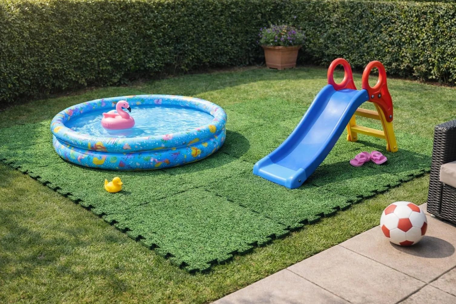Baldosas de Foam para Piscina 50 x 50 cm – Set de 8 Piezas Tipo Puzzle – Base Exterior Extra Gruesa y Suave para Piscina, Piscina Infantil, Zona de Juegos & terraza – Efecto césped