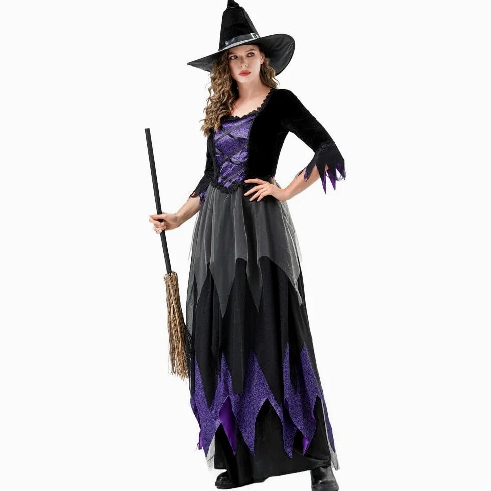 Generisch Disfraz de bruja para mujer, elegante vestido de cosplay gótico, vestido de Halloween con encaje de manga larga