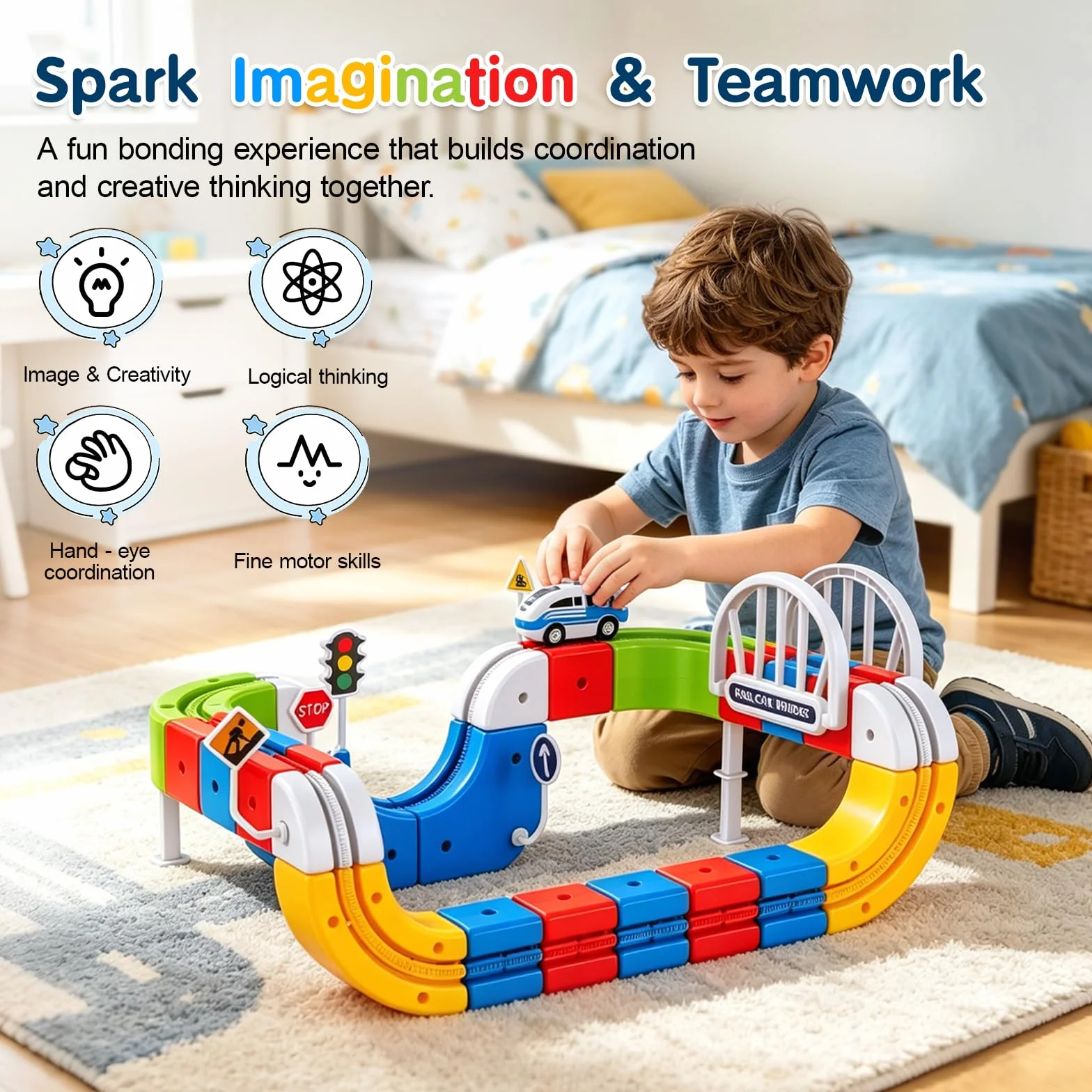 Tren Eléctrico Niños 82 Piezas con 1 Tren – Pista 3D Antigravedad klick-Rail, Bloques de Construcción DIY Cube Track, Juguete Educativo Stem para Niños de 4 a 8 Años