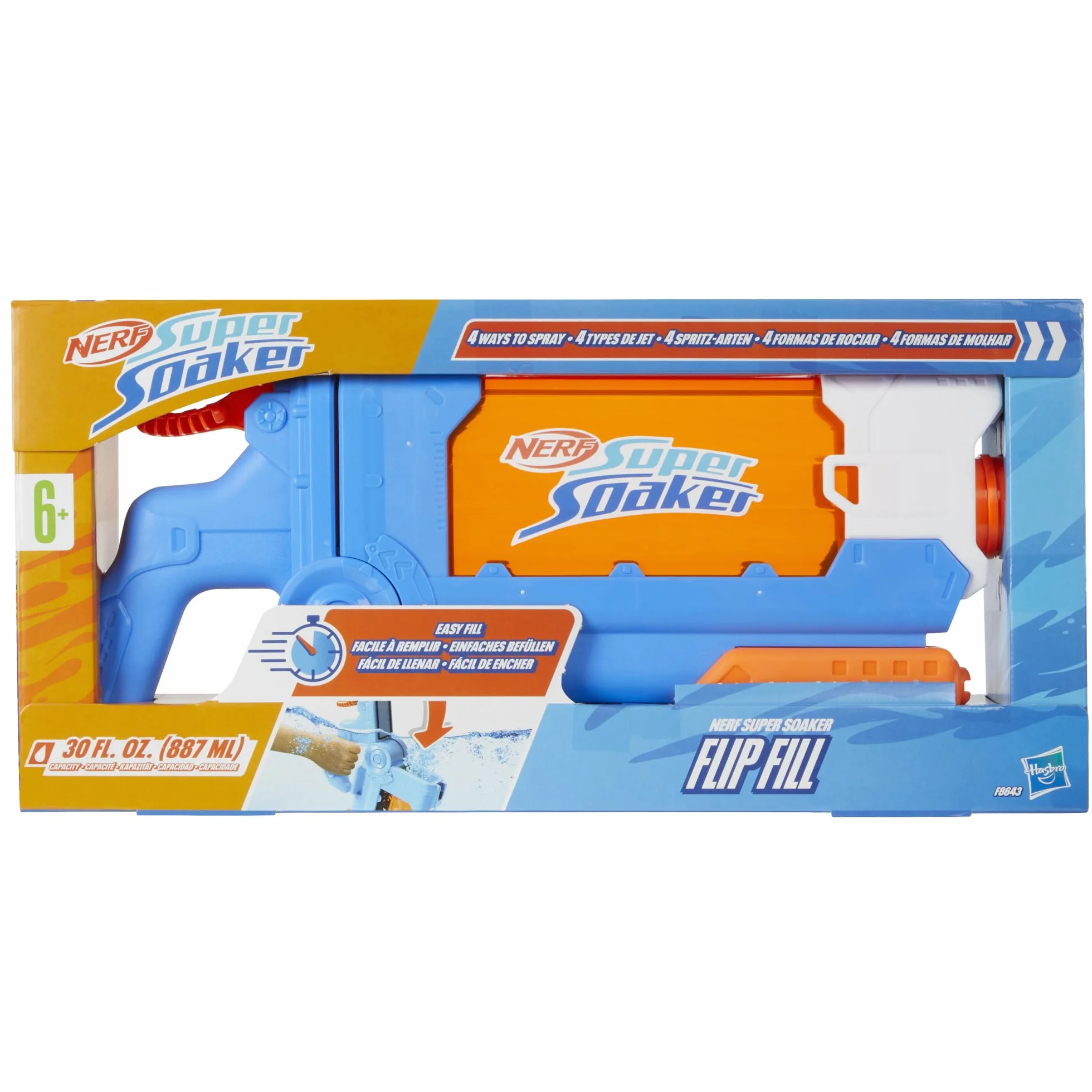 Hasbro Nerf Super Soaker Flip Fill, Lanzador de Agua para Niños y Niñas a Partir de 6 Años, 4 Estilos de Rociado, Llenado Rápido, Tanque de 0,8 L, Juegos de Exterior
