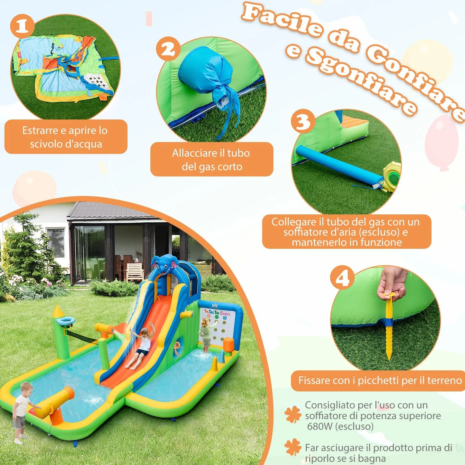 RELAX4LIFE Castillo Hinchable para Niños, Piscina Hinchable con Trampolín, Tobogán con Trepadera y Paso Inferior, Plegable para Exterior (Modelo 12)