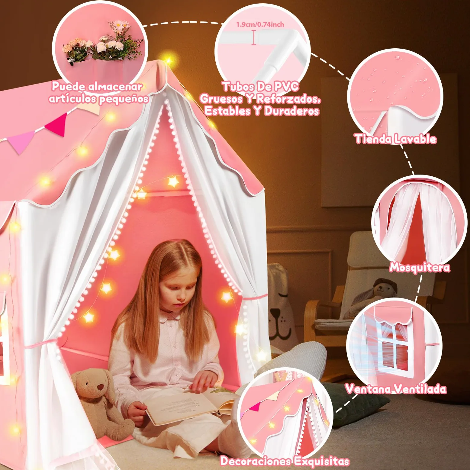 JONRRYIN Tienda Campaña Infantil con 2 Puertas, Cabañas para Niños con Luces Banderas y Bajera, Casitas Infantiles Tela Interior, Ideal Casita Infantil para Niños Niñas