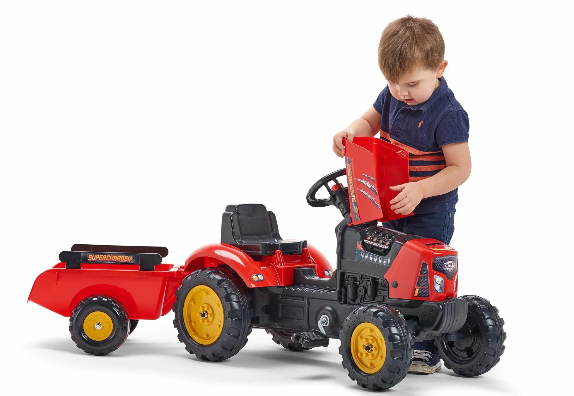 Falk - Tractor de Pedales sobrealimentador con Remolque - A Partir de 2 años - Fabricado en Francia - Capó abatible - Volante direccional con bocina - 2030AB