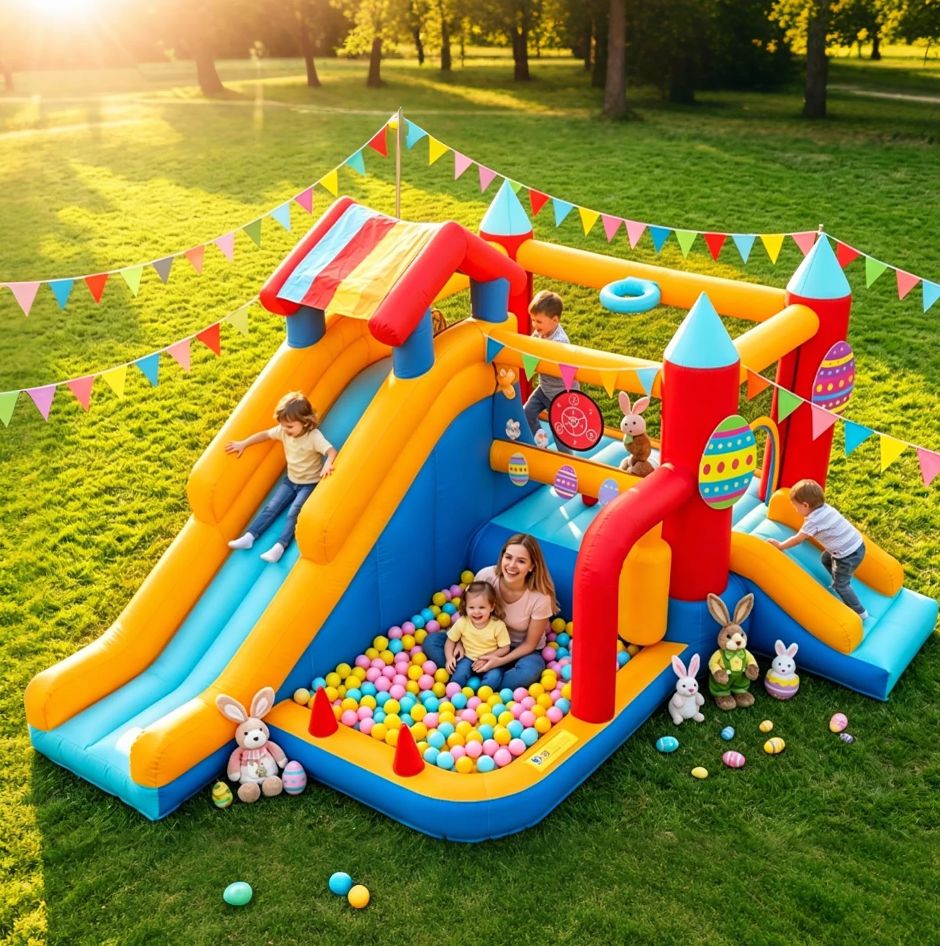 Castillo Hinchable para Niños, FOOING 9 en 1 Casa Inflables con Soplador de Aire, Trampolín, Tobogán, Estante Baloncesto, Pared Escalada, Casa Inflable Interior al Aire Libre para Fiesta Cumpleaños