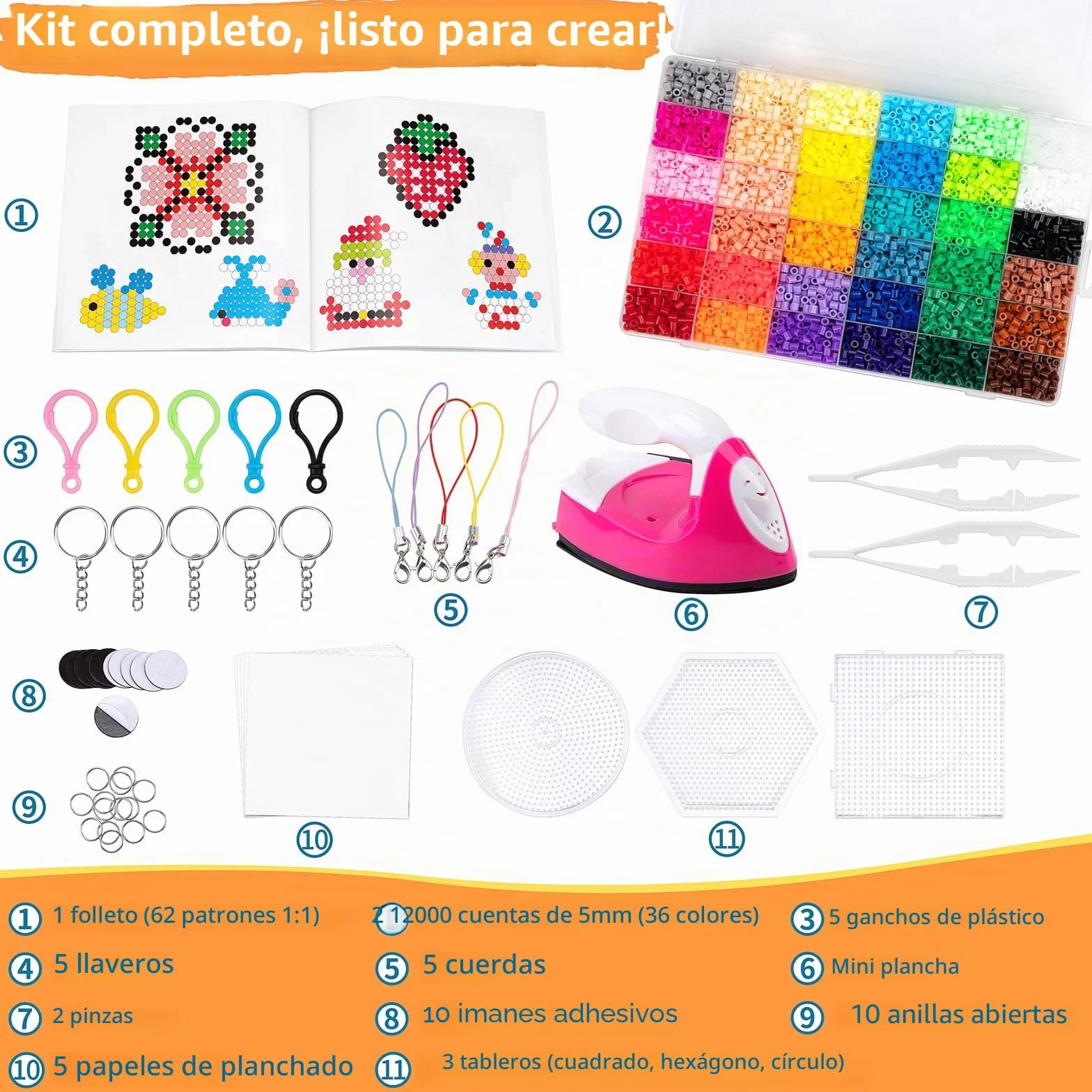 JelyArt Cuentas para Planchar - Fuse Beads Kit, Set de Manualidades para Niños y Niñas, 12,000 Piezas, 5mm, 36 Colores, 3 Plantillas, 2 Pinzas Juego de Cuentas Hama para Niños Regalo Cumpleaños DIY