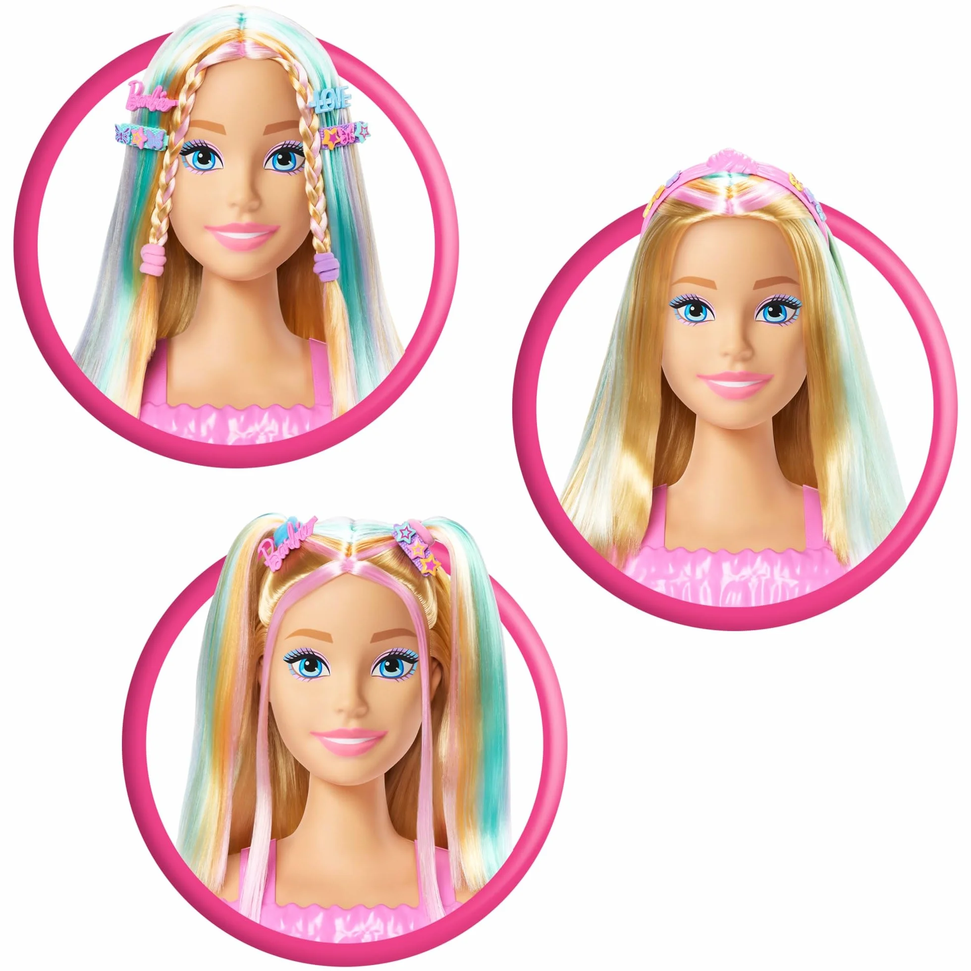 Barbie Busto para peinar, pelo rubio con más de 20 accesorios para hacer peinados, incluye pinzas para el pelo con forma de estrella y mariposa que cambian de color, JFG81