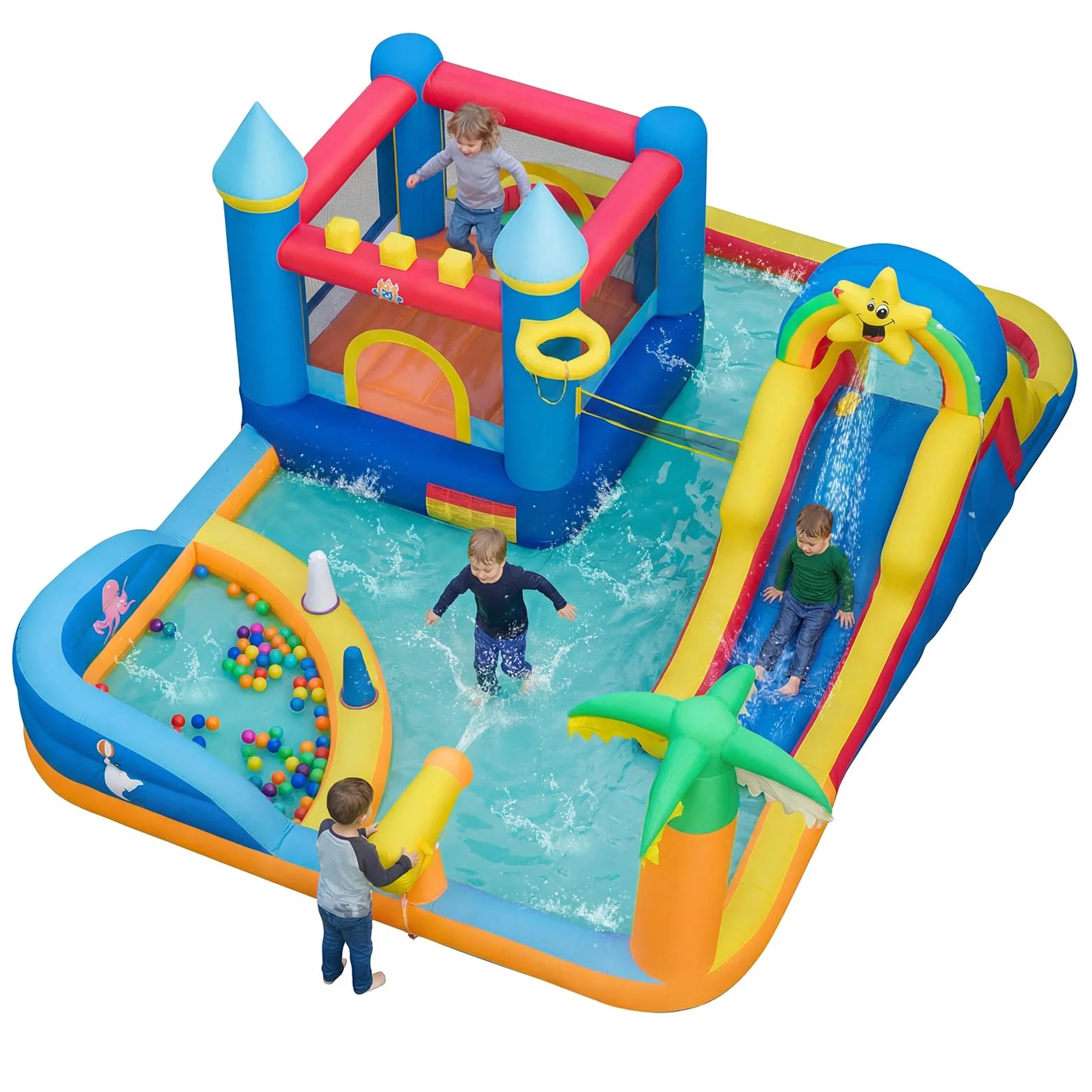 COSTWAY Castillo Hinchable, Parque Infantil con Temática de Playa con Muro de Escalar, Cañón de Agua, Pelotas Oceánicas, Fútbol, Baloncesto, Voleibol, Castillo Inflable al Aire Libre (sin soplador)