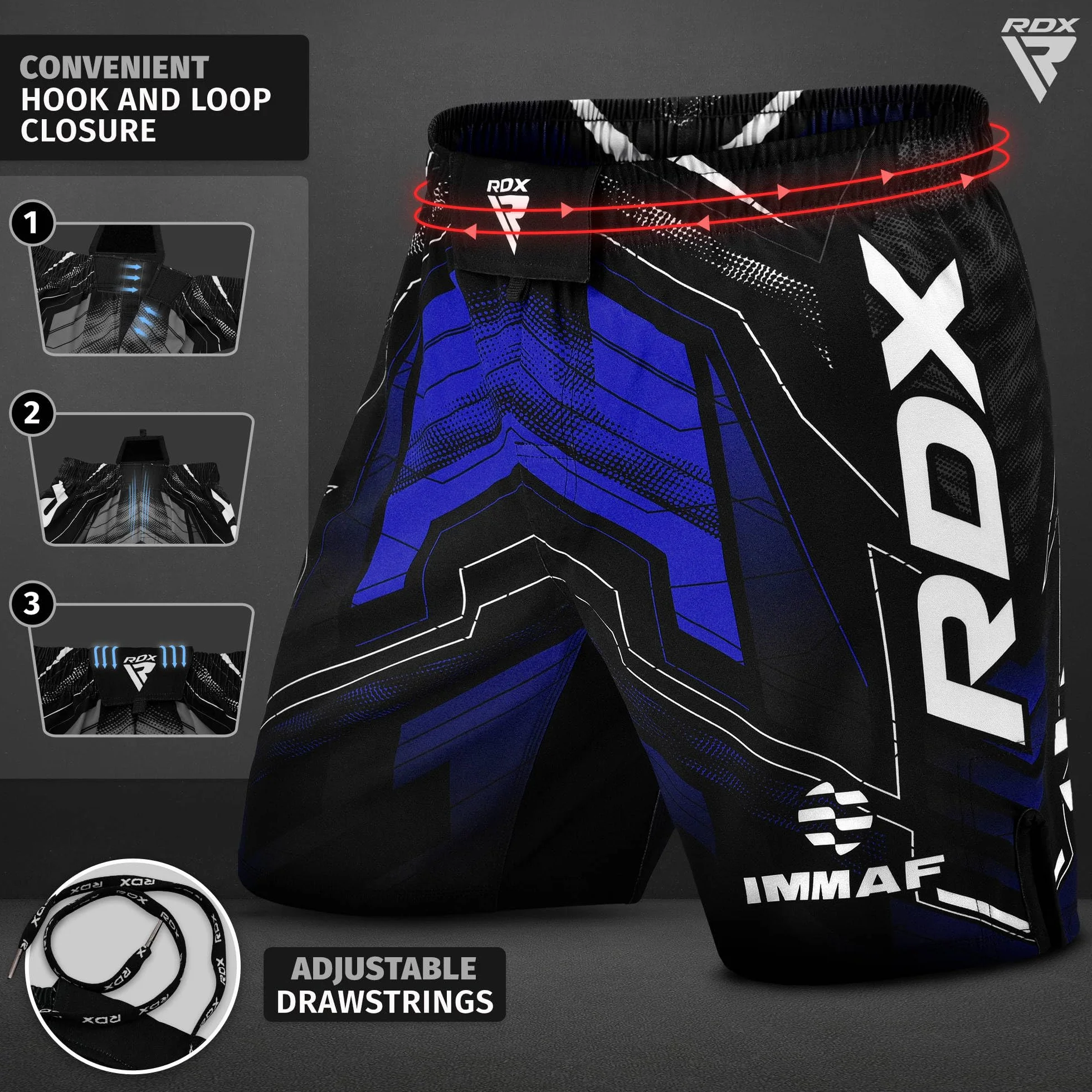 RDX Pantalones cortos de MMA aprobados por IMMAF, diseño de aberturas laterales para boxeo, muay thai, kickboxing