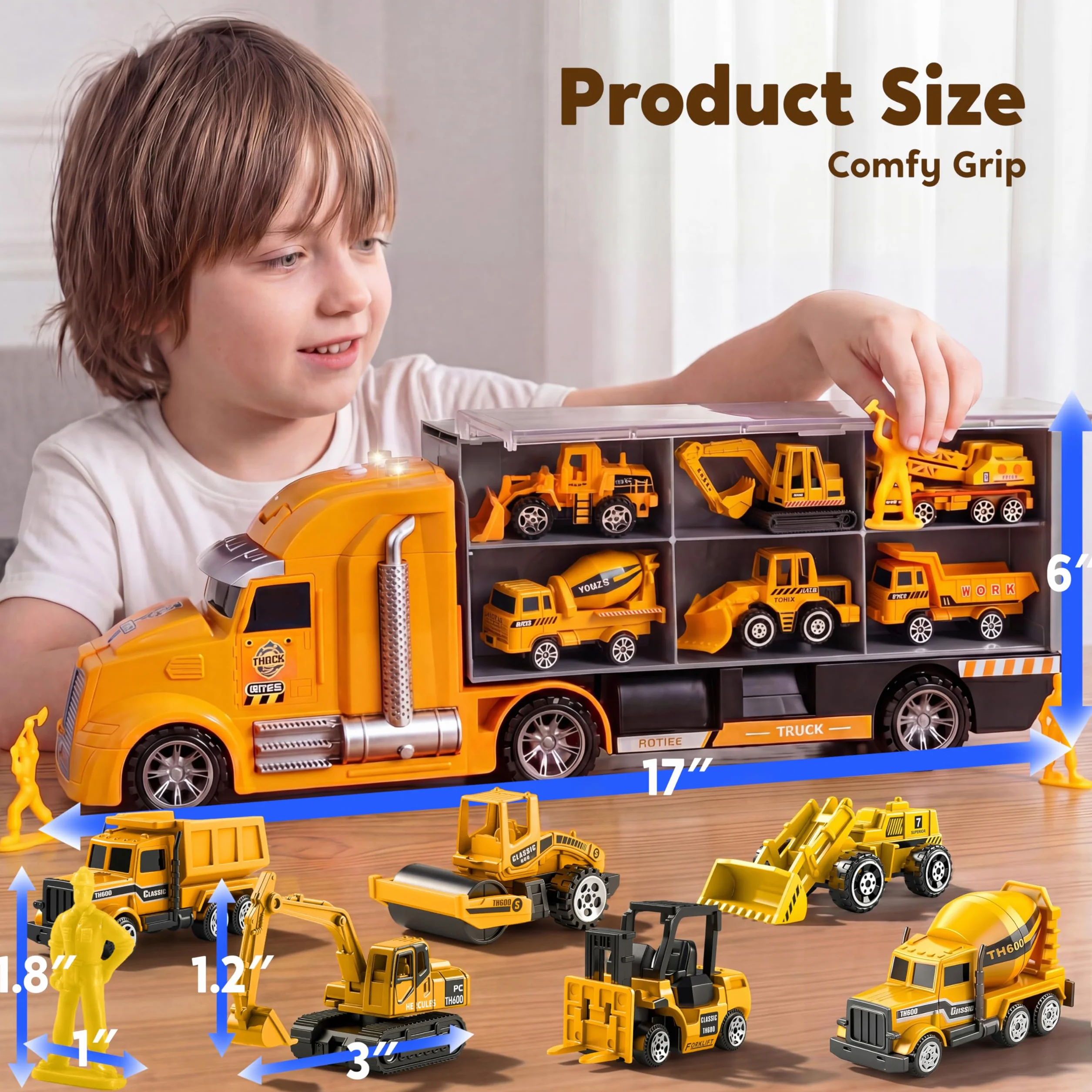 JOYIN 25 en 1 Juego de Juguetes camión de construcción fundidos a presión (Incluye Tractor Excavadora transportadora) con Sonidos y Luces, Regalos de cumpleaños para niños a Partir de 3 años