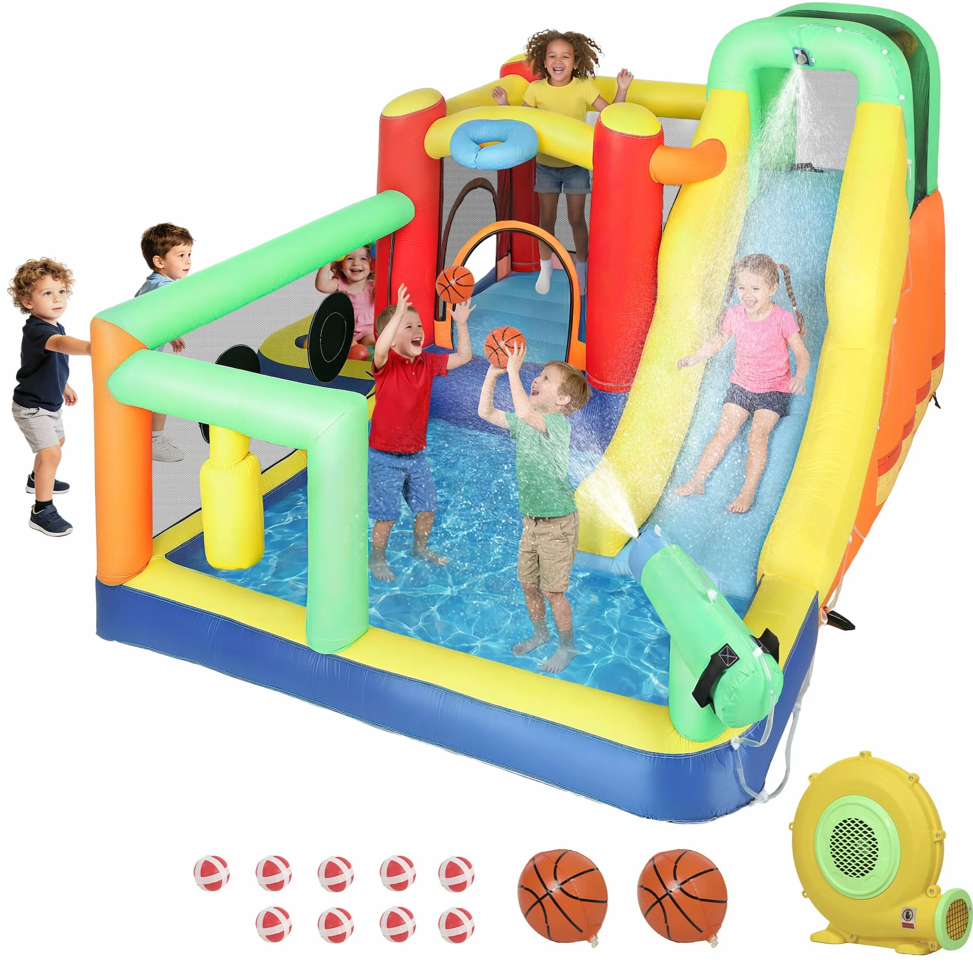 AIYAPLAY Castillo Hinchable Acuático con Soplador 550W 9 en 1 Castillo Hinchable Niños con Tobogán Zona de Salto Escalada 2 Piscinas Canasta Columna de Boxeo Dardos Exterior Interior 330x290x185 cm