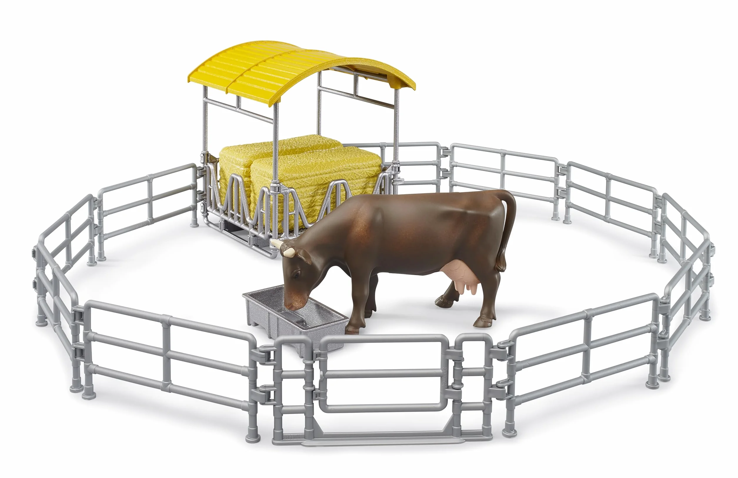 Bruder 62612 - Comedero con Vallas, abrevadero, pacas cuadradas y 1 Vaca - Accesorios para Granjas, Agricultura, Vacas, Juguetes