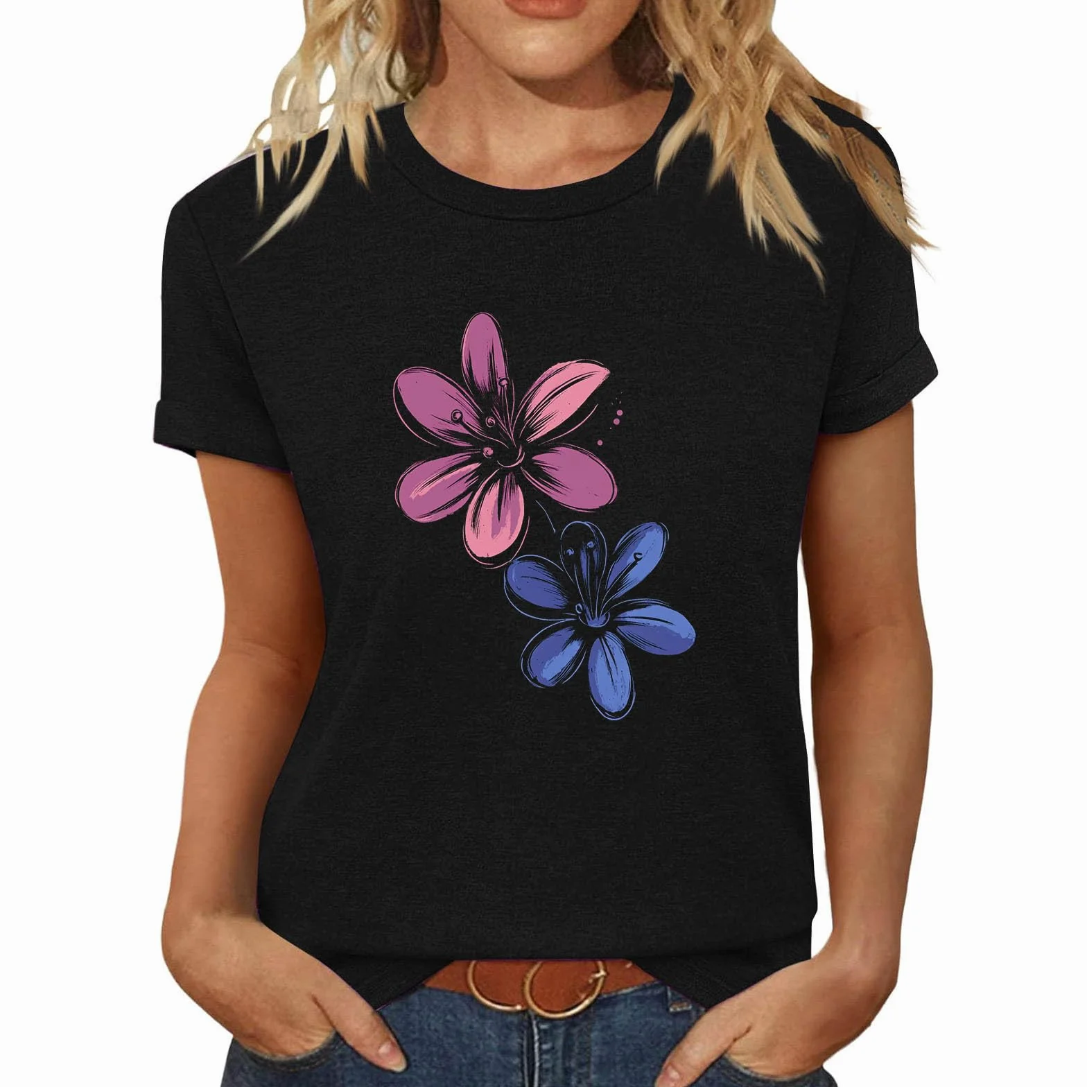 Camiseta Mujer Manga Corta Estampado Floral Algodón Túnica Casual