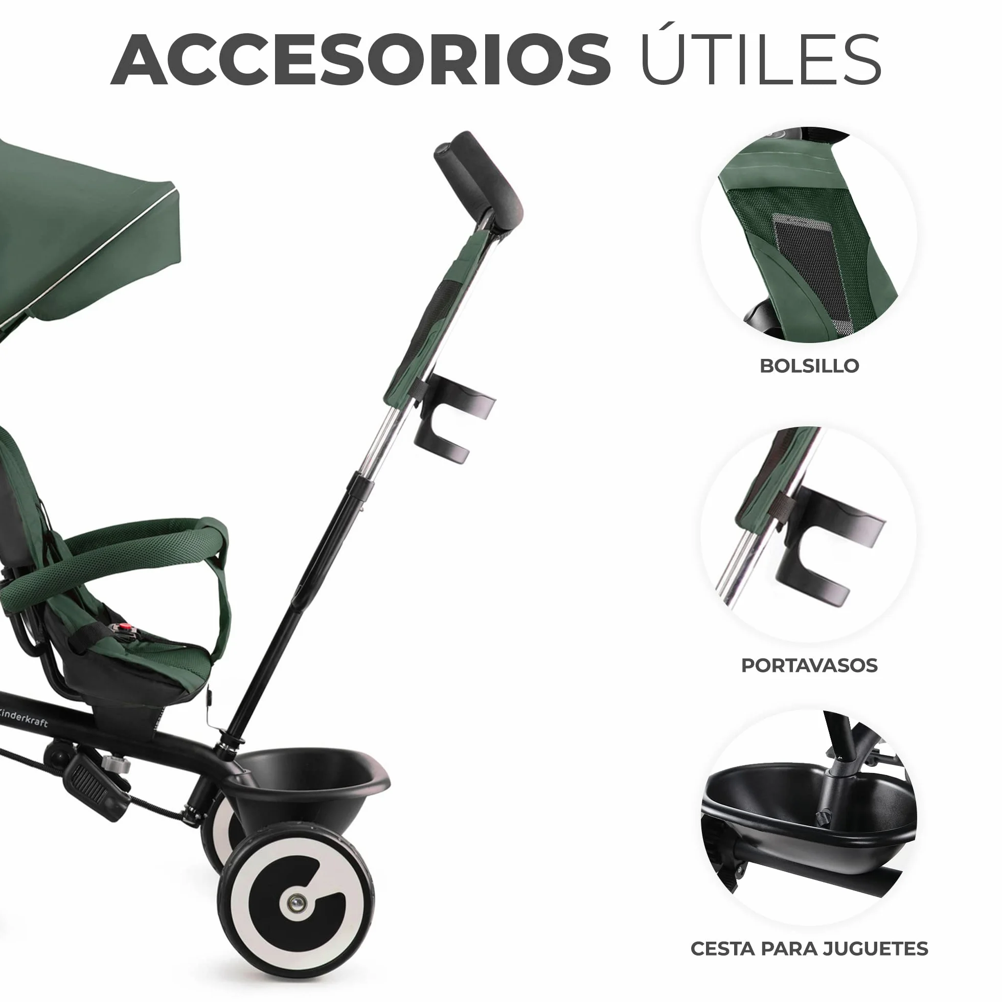Kinderkraft Aston Triciclo Evolutivo, Bicicleta Sin Pedales, Bicicleta Bebe, para Niños, Cinturón, con Accesorios, Portavasos, Cesta, 9 Meses a 25 kg, Verde