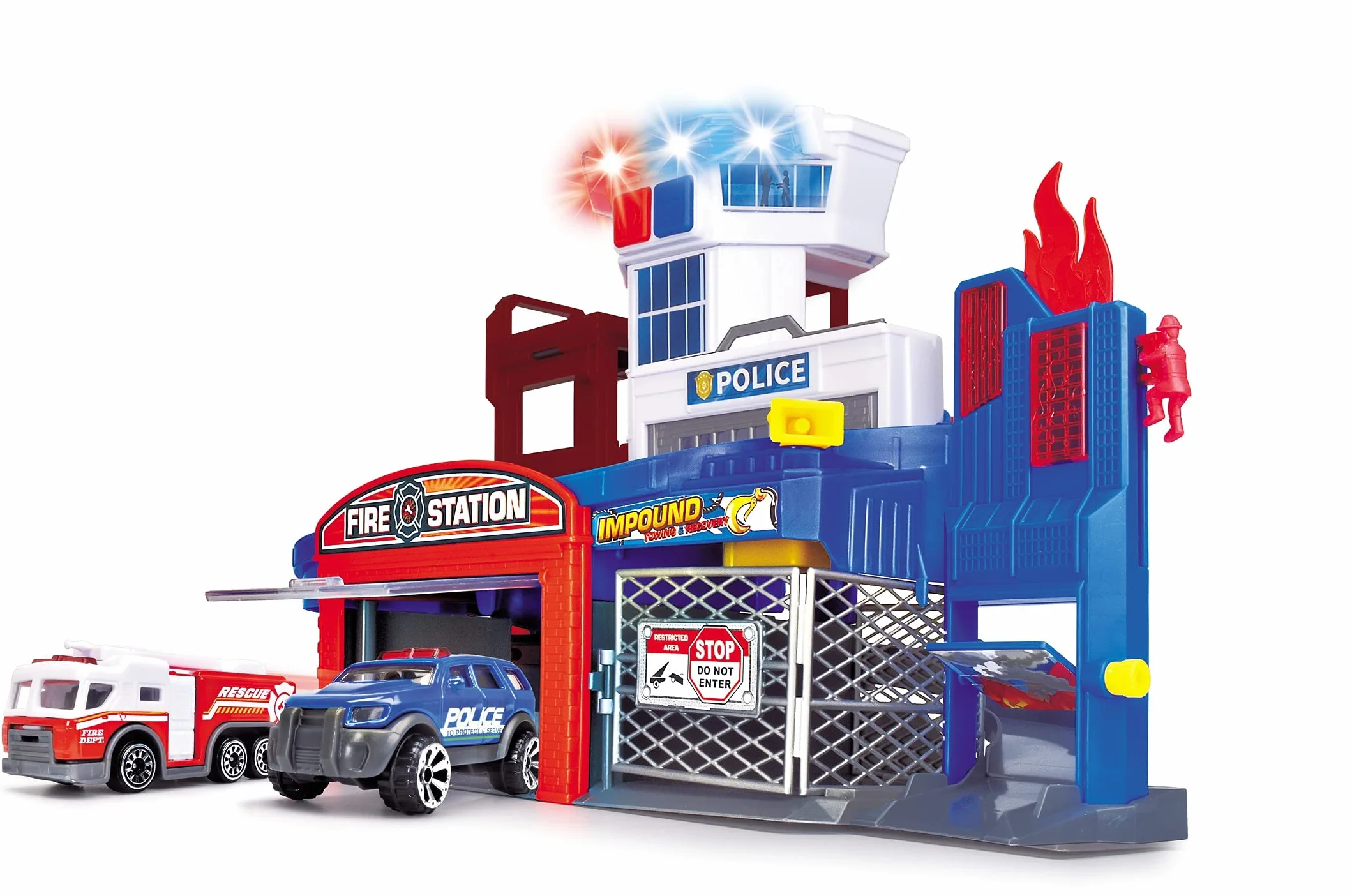 Dickie Toys Aparcamiento de Bomberos y policía con 2 Coches de Juguete con Elevador, luz Azul, Sirena, función de Fuego, para niños a Partir de 3 años