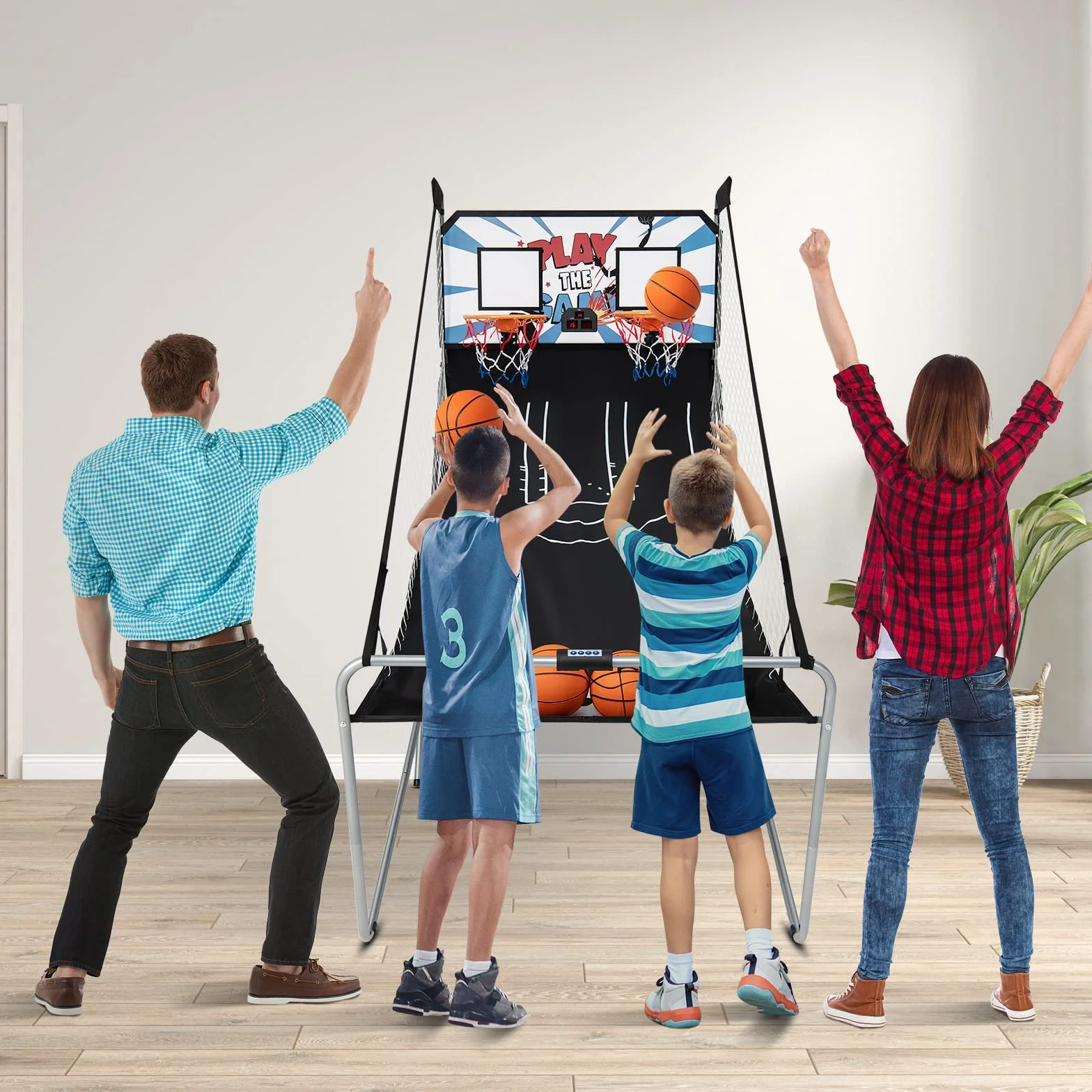 KOMFOTTEU Juego de Canasta de Baloncesto Plegable Doble Canasta con Contador Electrónico 8 en 1 Máquina de Tiro 202x107x205 cm