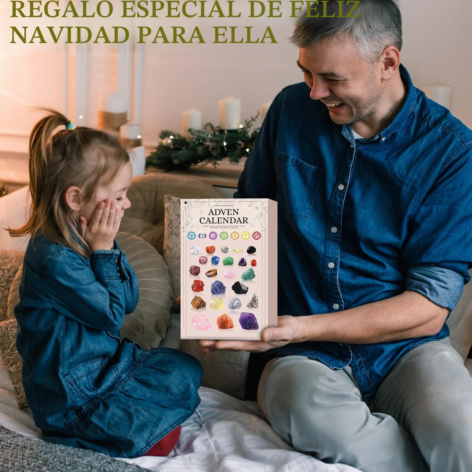 Calendario de Adviento de piedras preciosas, cristales, calendario de Adviento 2025 para niños, calendario de Navidad, cuenta regresiva con 24 cristales de chakra (A)
