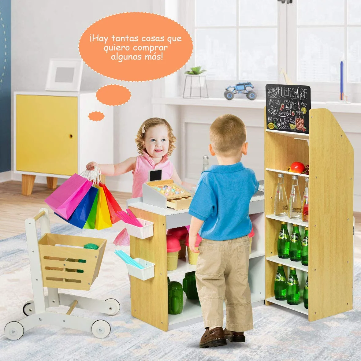 COSTWAY Juguete de Supermercado con Carrito de Compra Incluye Pizarra,Caja Registradora,Escáner,Lector de Tarjetas,Tarjeta de Crédito y Monedas Juguetes de rol para Niños