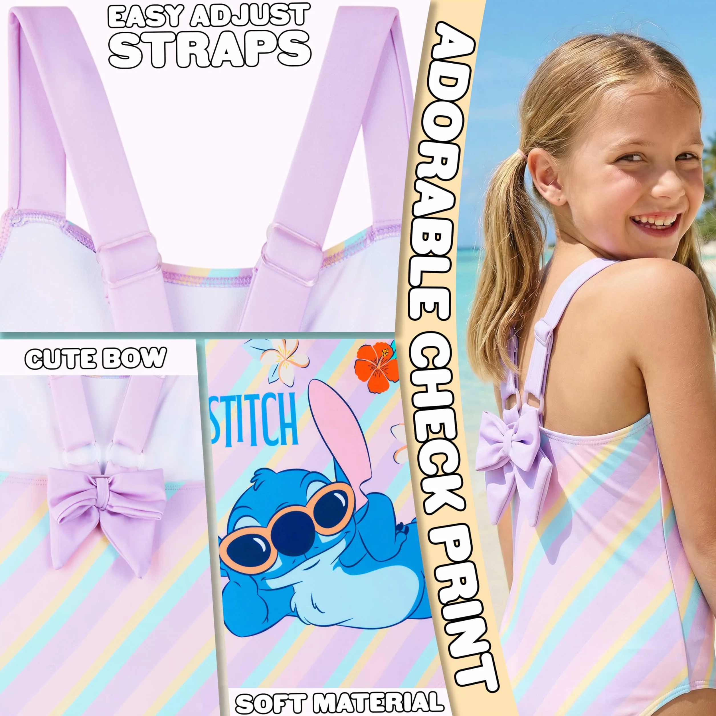 Barbie Disney Stitch Bañador Niña Traje de Baño Una Pieza Tirantes Ajustables Playa Piscina