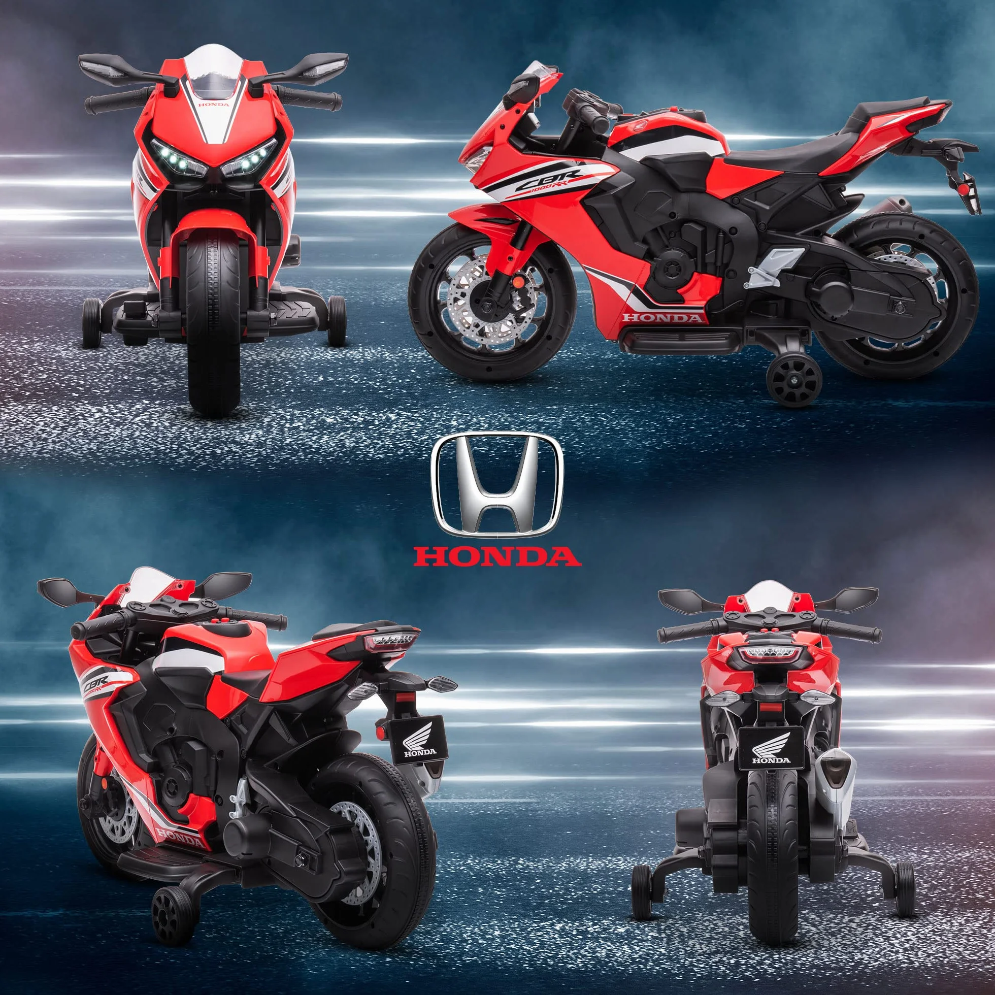 HOMCOM Moto Eléctrica con Licencia Honda para Niños de 3-5 Años Moto a Batería 6V con Faro Bocina Música y Ruedas Auxiliares Extraíbles Carga 30 kg 90x44x52 cm Rojo