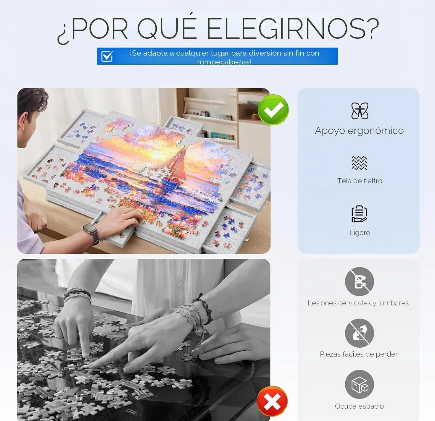 Tablero para Puzzle Inclinable de 1000 Piezas con 6 Cajones y Cubierta Coloridos - Tablero para Puzzle de Fieltro Ligera y Portátil