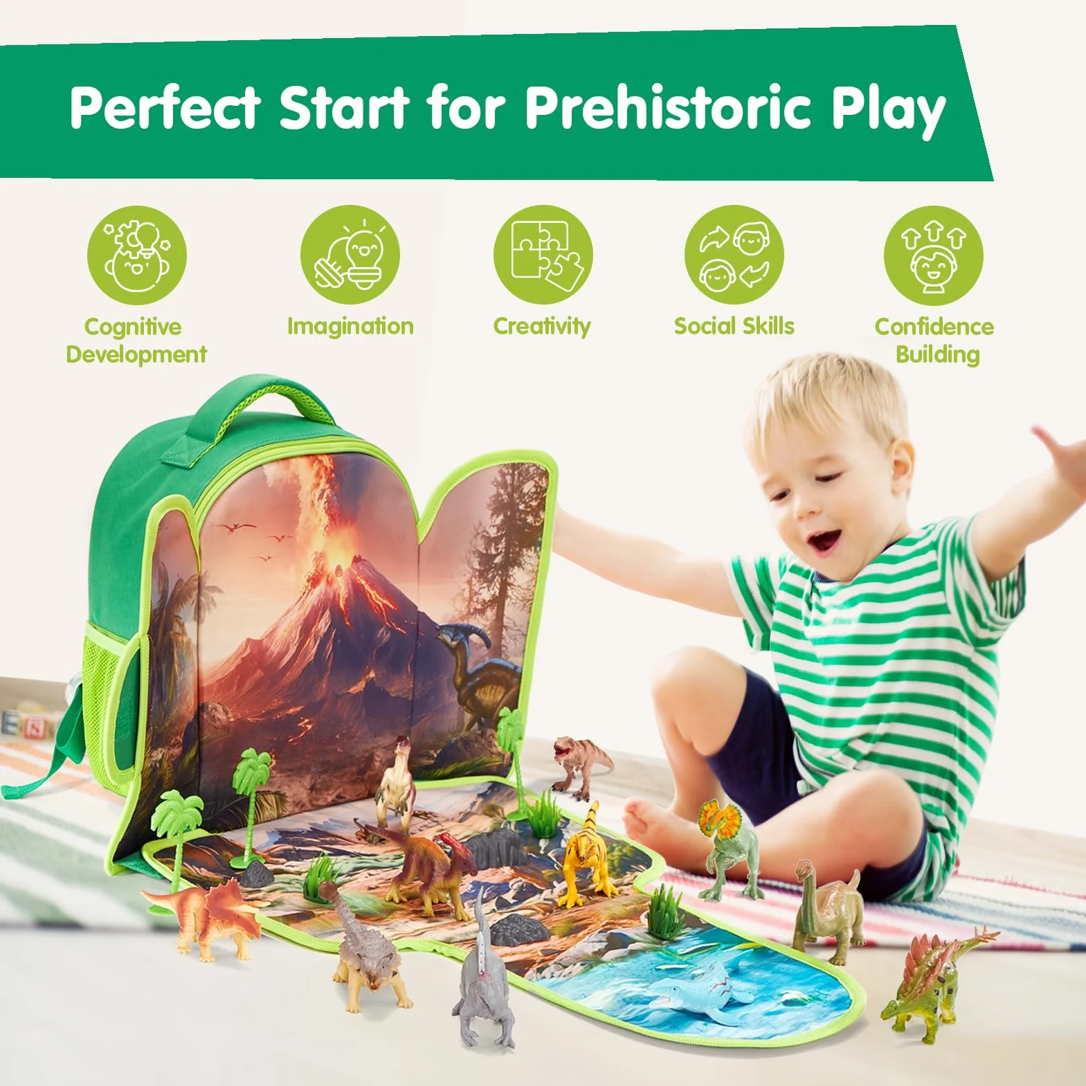 Mochila Infantil Dinosaurios 12 piezas Juguetes Niños 3-6 años COCO&Friends Cartas Tapete Juego