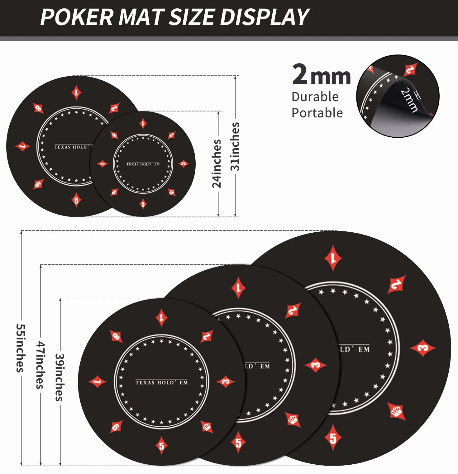 Texas Holdem Alfombra de póquer 60/80/100/120/140 cm, Redonda, portátil, Alfombra de póquer, diseño Decorativo para 8 Jugadores, diseño de Juego