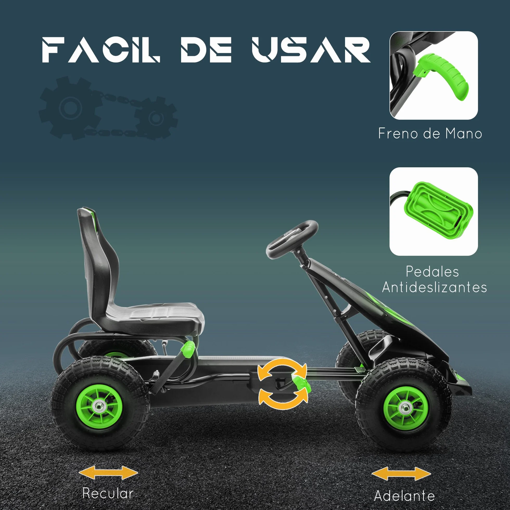 HOMCOM Kart Pedales Coche de Pedales para Niños de 5-12 Años con Asiento Ajustable Neumáticos Inflables Amortiguador y Freno de Mano Carga 50 kg Verde