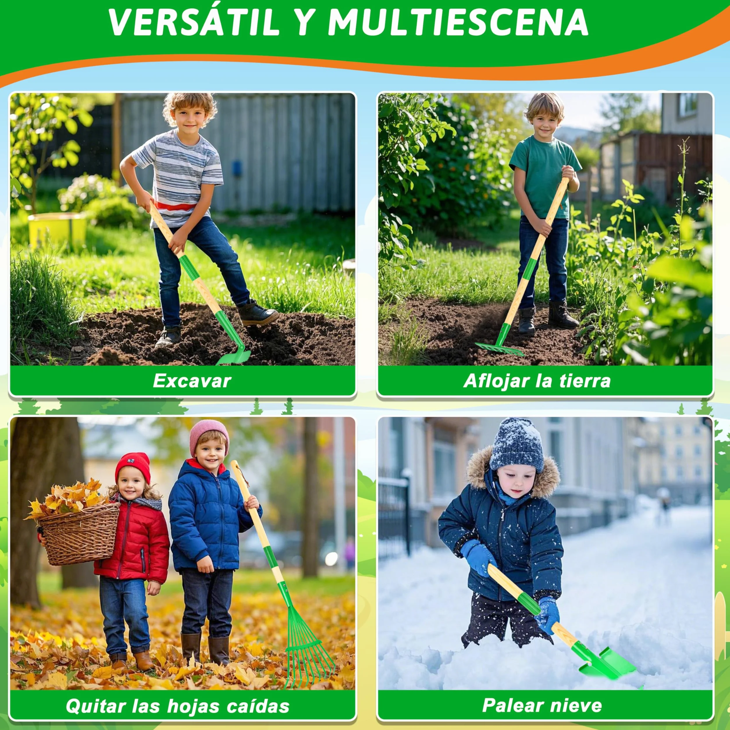 IEEILULU Juego de herramientas de jardín para niños, herramientas de jardín para niños, de madera, 7 piezas, juguete de jardín extraíble con delantal regadera, juguete de jardín al aire libre para