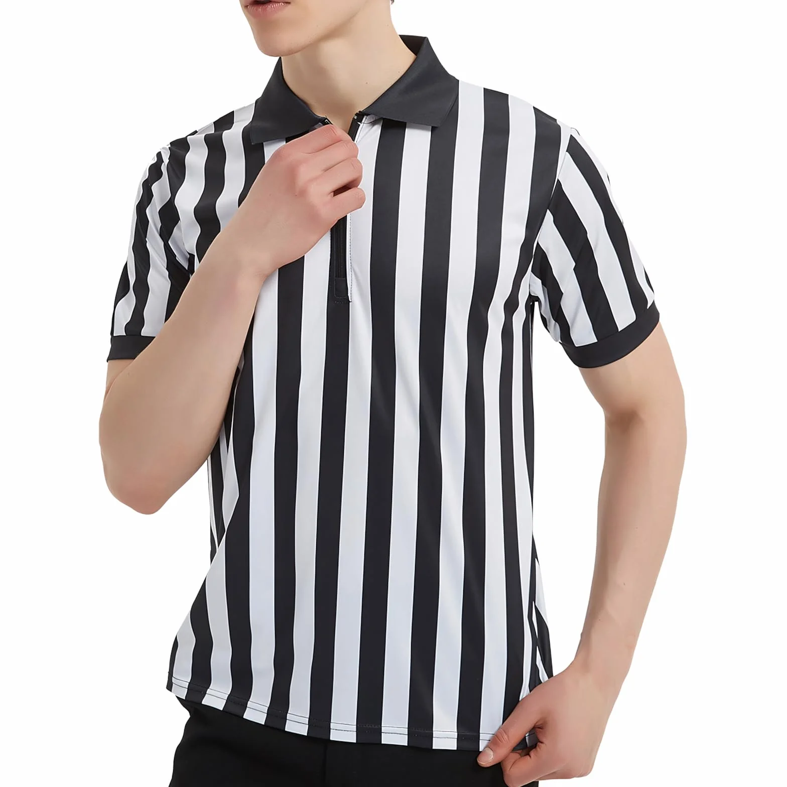 TopTie Polo árbitro Manga Corta Camiseta Rayas Negras y Blancas Cremallera 1/4