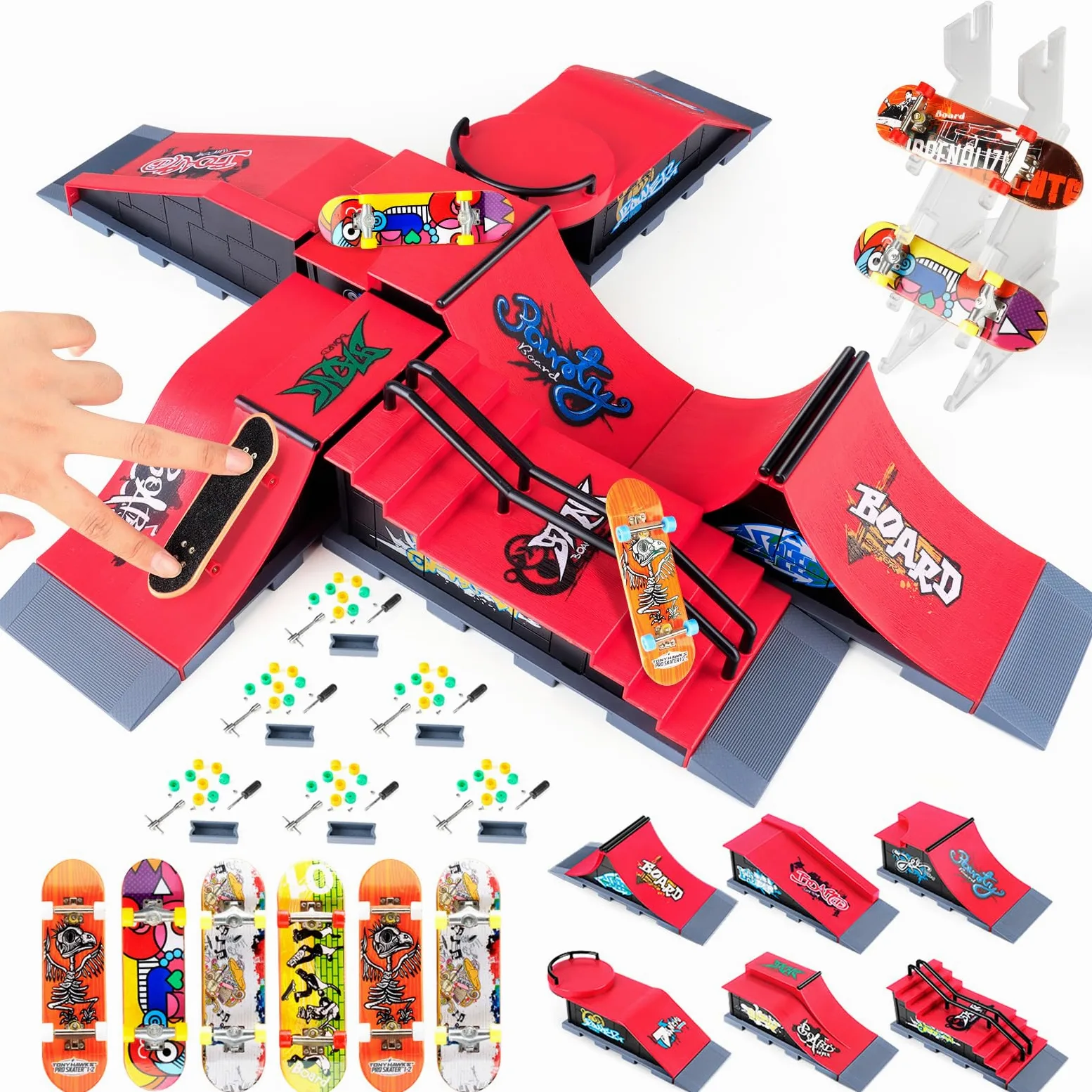 KETIEE 6 Piezas Finger Skate Park Kit Juego de minimonopatín de Dedo con rampa y Otros Accesorios Diapasón de rampa Parque Juguete para Niños (6 IN 1)