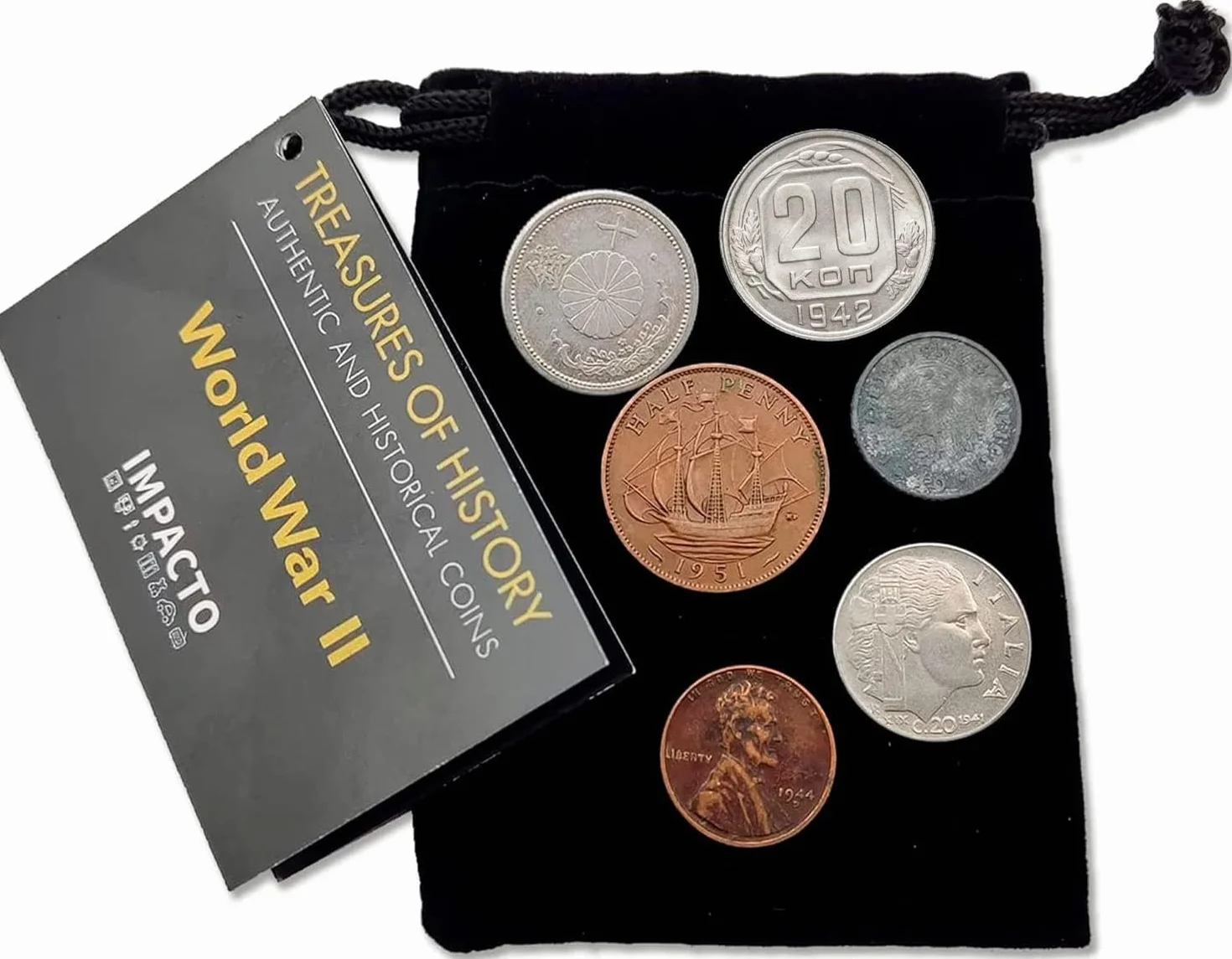 IMPACTO COLECCIONABLES | Aliados y Eje Colección de 6 Monedas Auténticas de la Segunda Guerra Mundial – Lote Históricos Original en Bolsa de Terciopelo con Certificado de Autenticidad