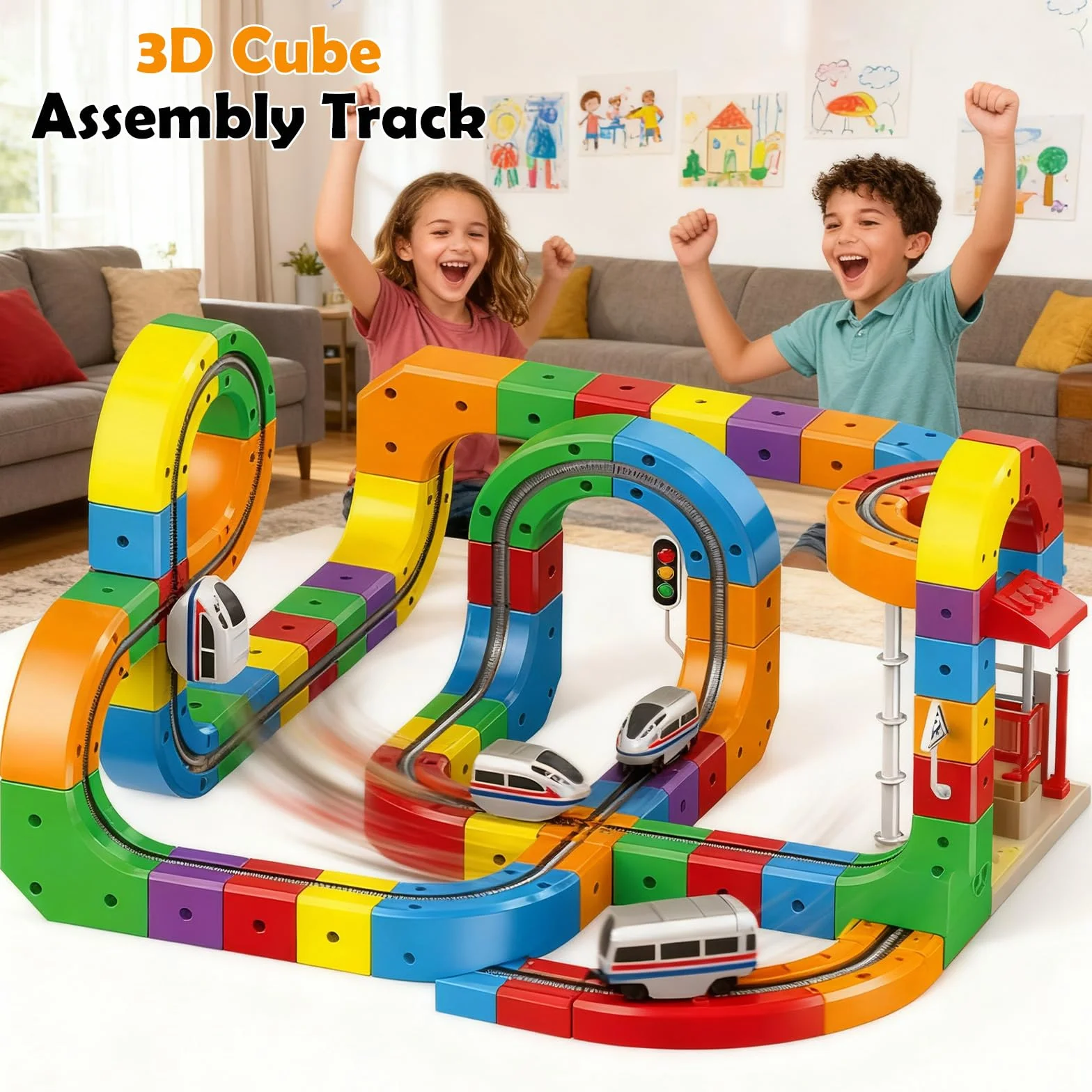 Clickrail Electric Train Set, DIY Cube Track, Cubix 3D Tren Magnetico Juguete con Gravedad Defying, Klickrail Block Bloques Mágicos y Tren Motorizado, Trens Eléctrico Regalo para Niños (123 Piezas)