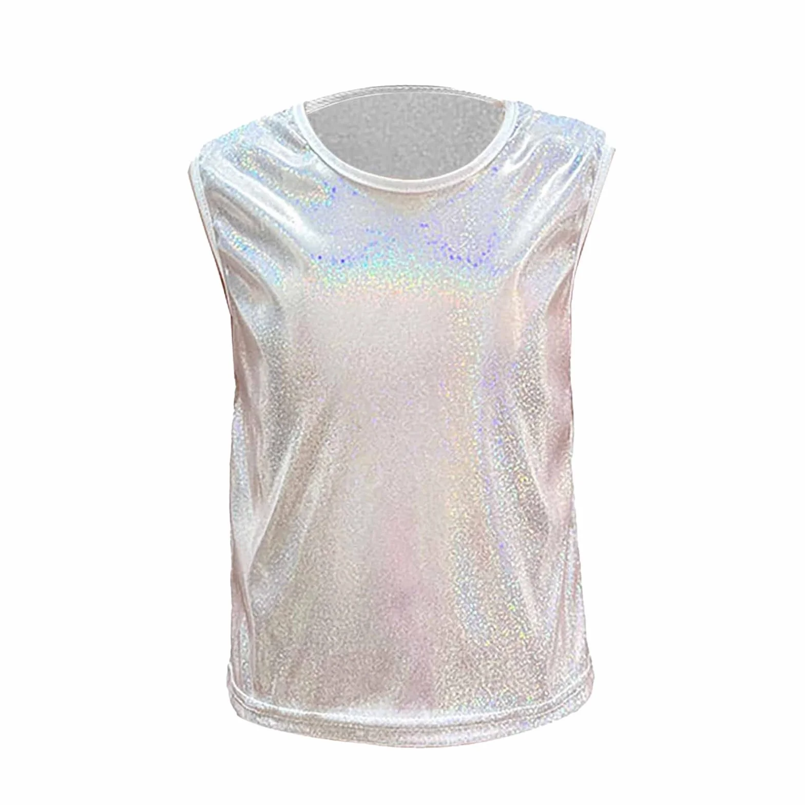 Camiseta de Baile Brillante para Niñas Sin Mangas Un Solo Hombro Chaleco Metálico Animadoras Top Color Puro Jazz Hip-Hop Cha-cha