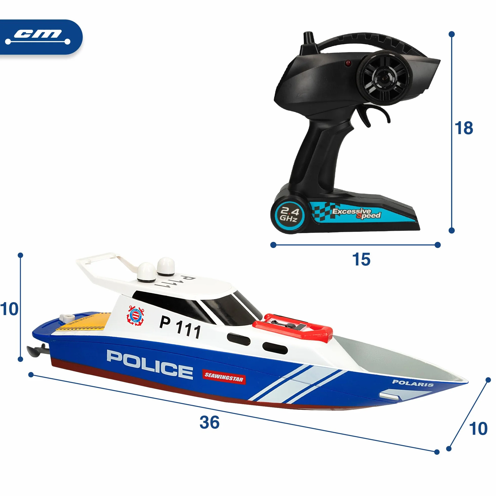 ColorBaby 47674 Racing Boat Lancha radiocontrol policía, 36x10x10 cm, Mando Control Remoto, 6 direcciones, 2.4 GHz, Alcance 35-40 m, Barco RC, Juguetes radiocontrol, Juguetes para niños, +4 años