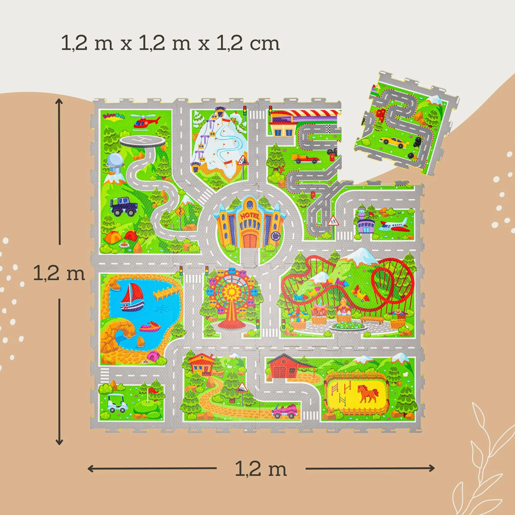 Alfombra Puzzle Infantil Coches 1,2 x 1,2m 16 Piezas Interconectadas Gruesa EN-71 Sin Olor