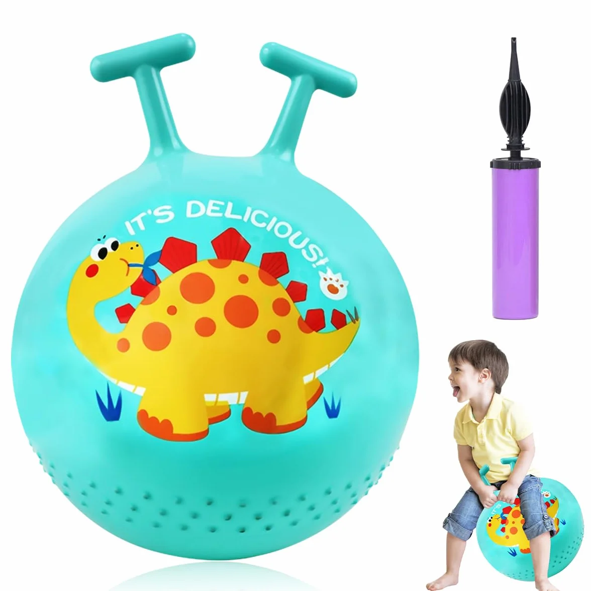 Pelota de salto para niños, pelota de saltar de dinosaurio con mango en forma de T, capacidad de carga de 80 kg, juguete para exteriores a partir de 2 años, con bomba (verde)