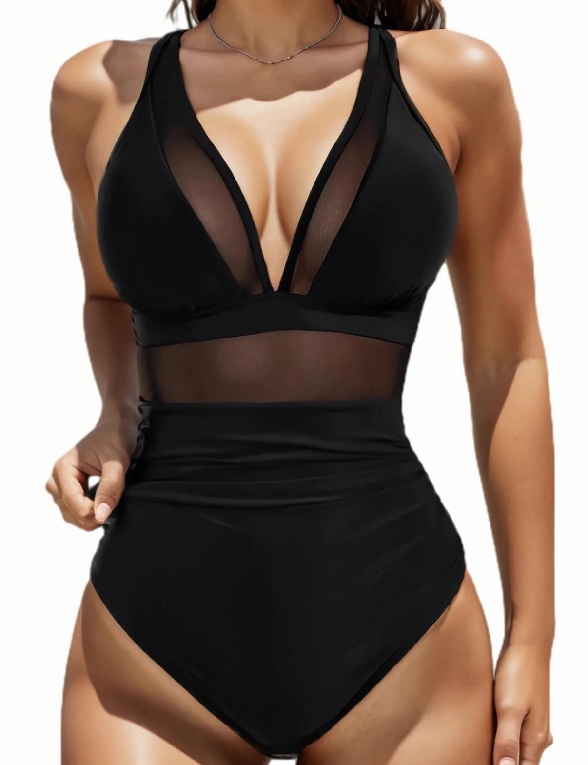 Bañador Reductor Vientre Plano Mujer Push Up Malla Cuello en V Sexy Traje de Baño