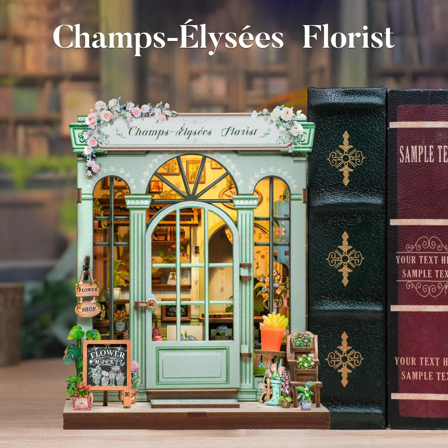 Fsolis Book Nook Kit con Luz LED - Casa de Muñecas en Miniatura 3D para Adultos, Regalo Creativo de Cumpleaños para Mujeres y Niñas(Floristería Champs-Élysées)
